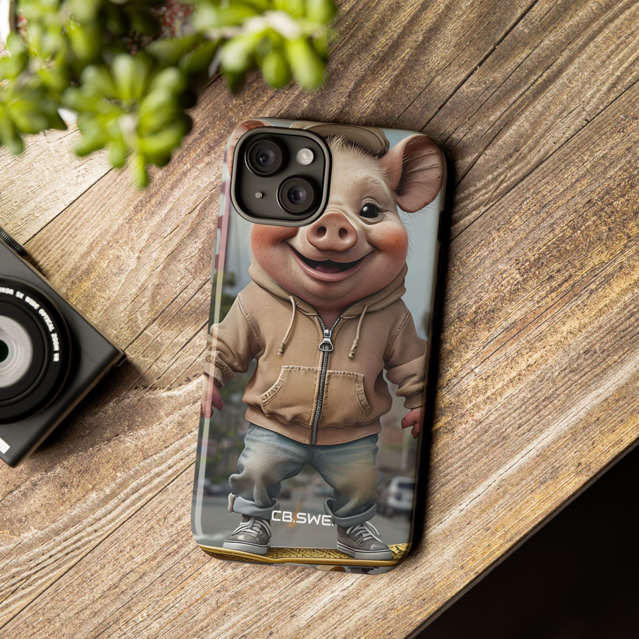 Playful Anthropomorphic Pig Skateboarding Illustration Art iPhone 15 - Tough