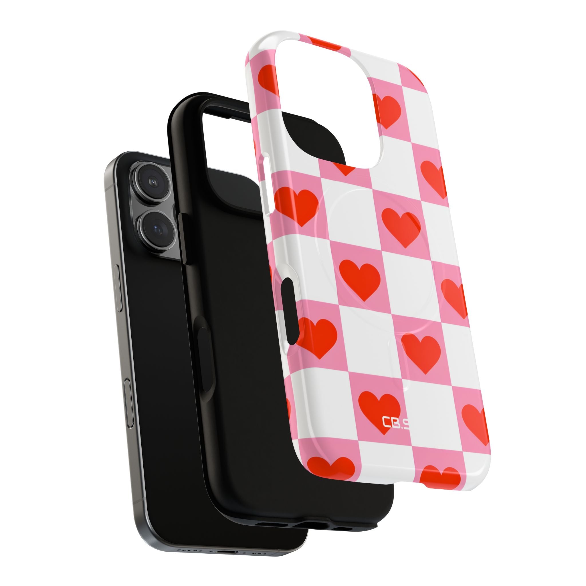 Charming Pink White Checkerboard Heart Shapes iPhone 16 - Tough+