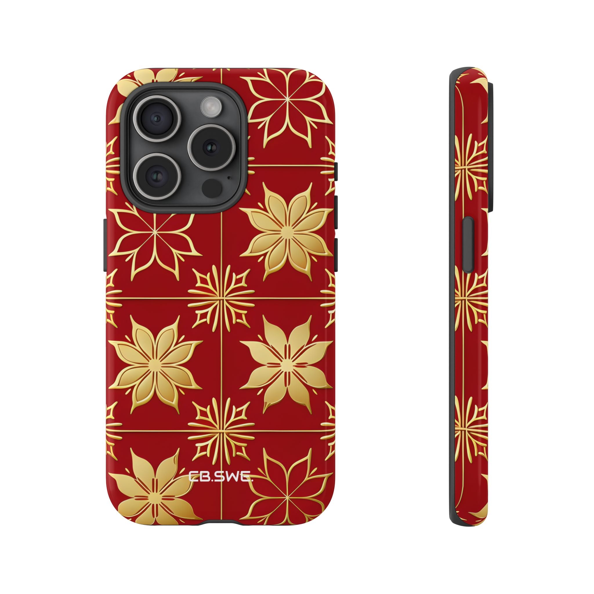 Eleganter Gold Floral Seamless Rich Red iPhone 15 - Tough