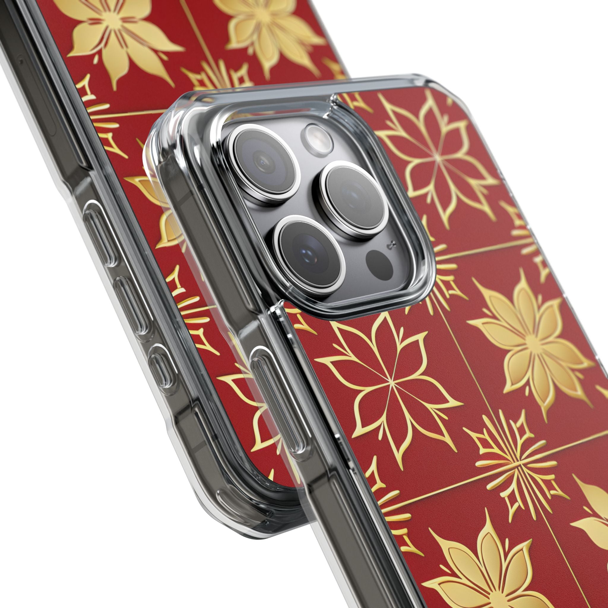 Elegantes Gold Floral Seamless Rich Red iPhone 15 - Impact Clear+