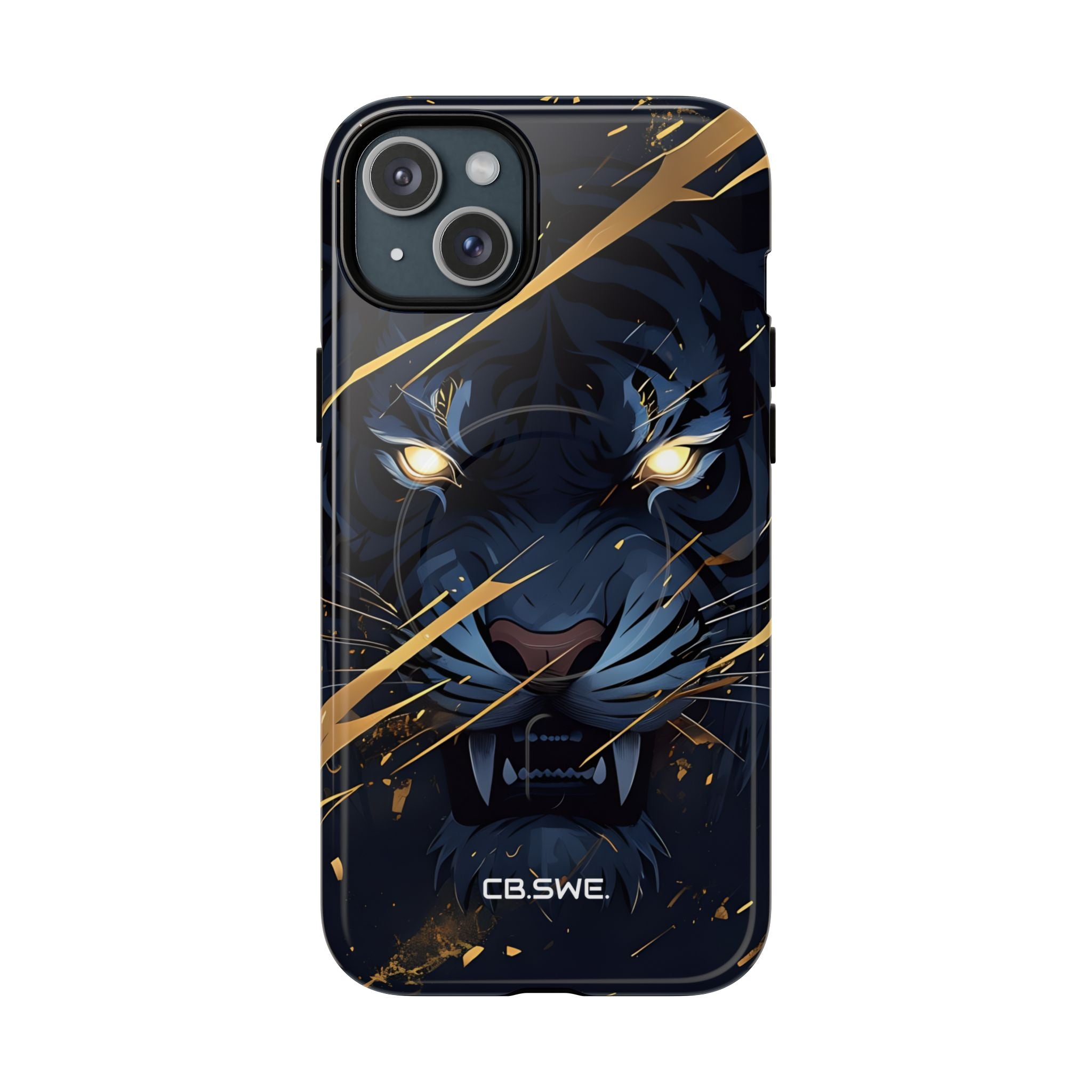 Fierce Blue Tiger Face Glowing Eyes iPhone 15 - Tough+
