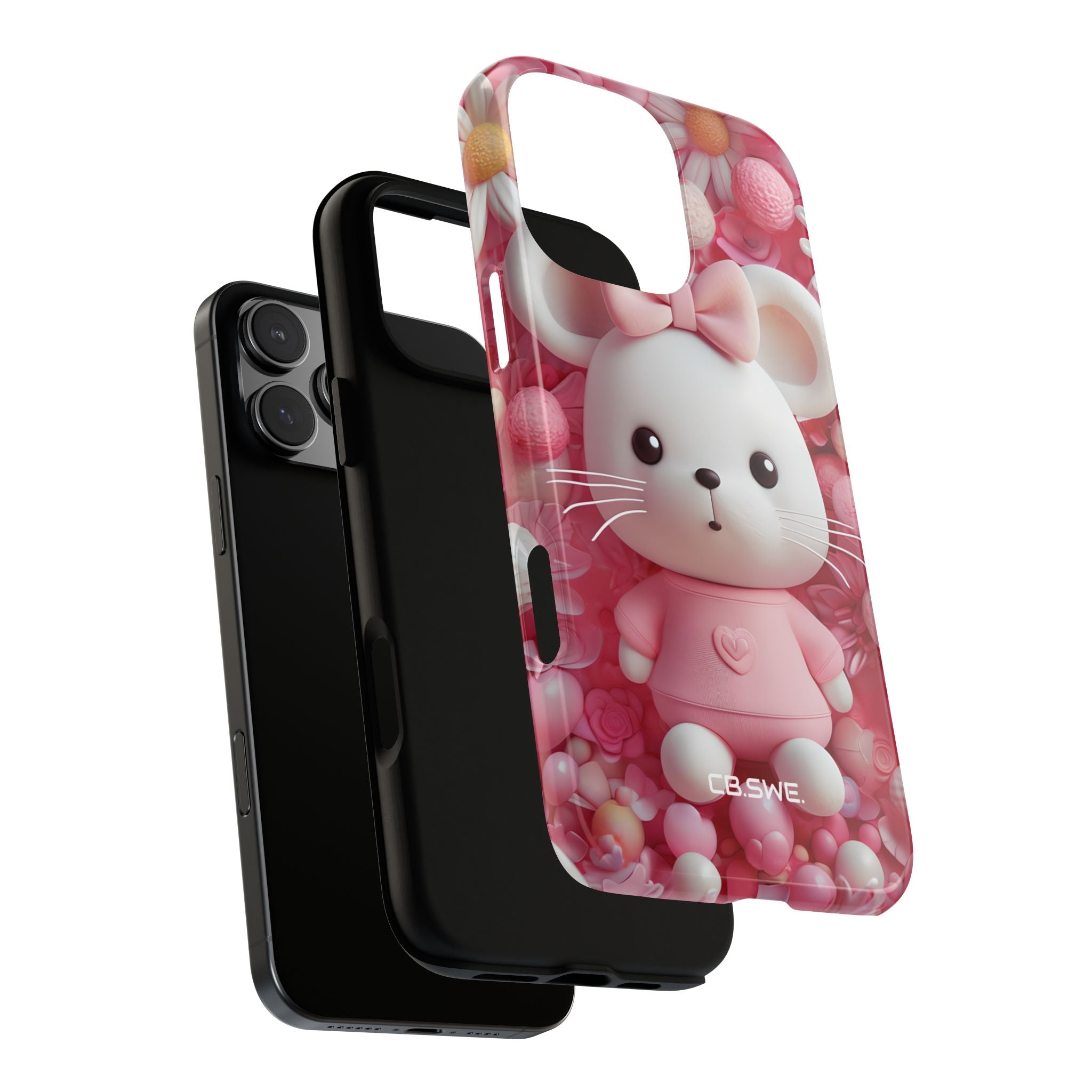 Entzückendes 3D-gerendertes weißes Maus-Plüschtier mit Blumenmuster für iPhone 16 – robust
