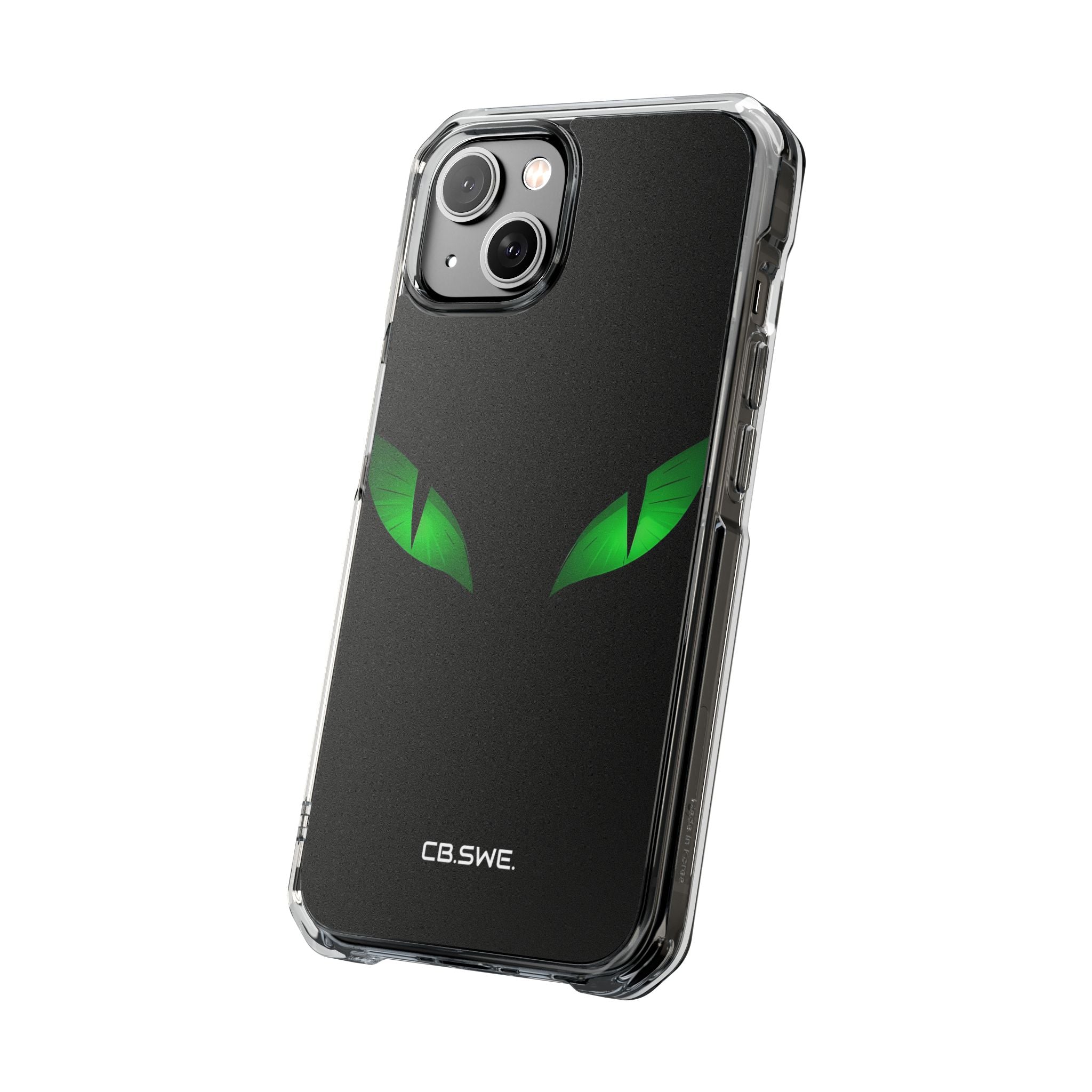 Leuchtend grüne Augen auf schwarzem iPhone 14 – Impact Clear+