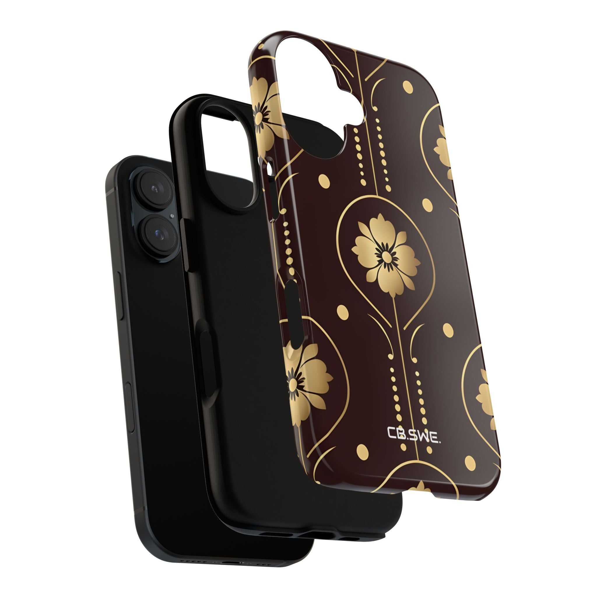 Elegant Gold Floral Symmetrical on Dark Brown iPhone 16 - Tough