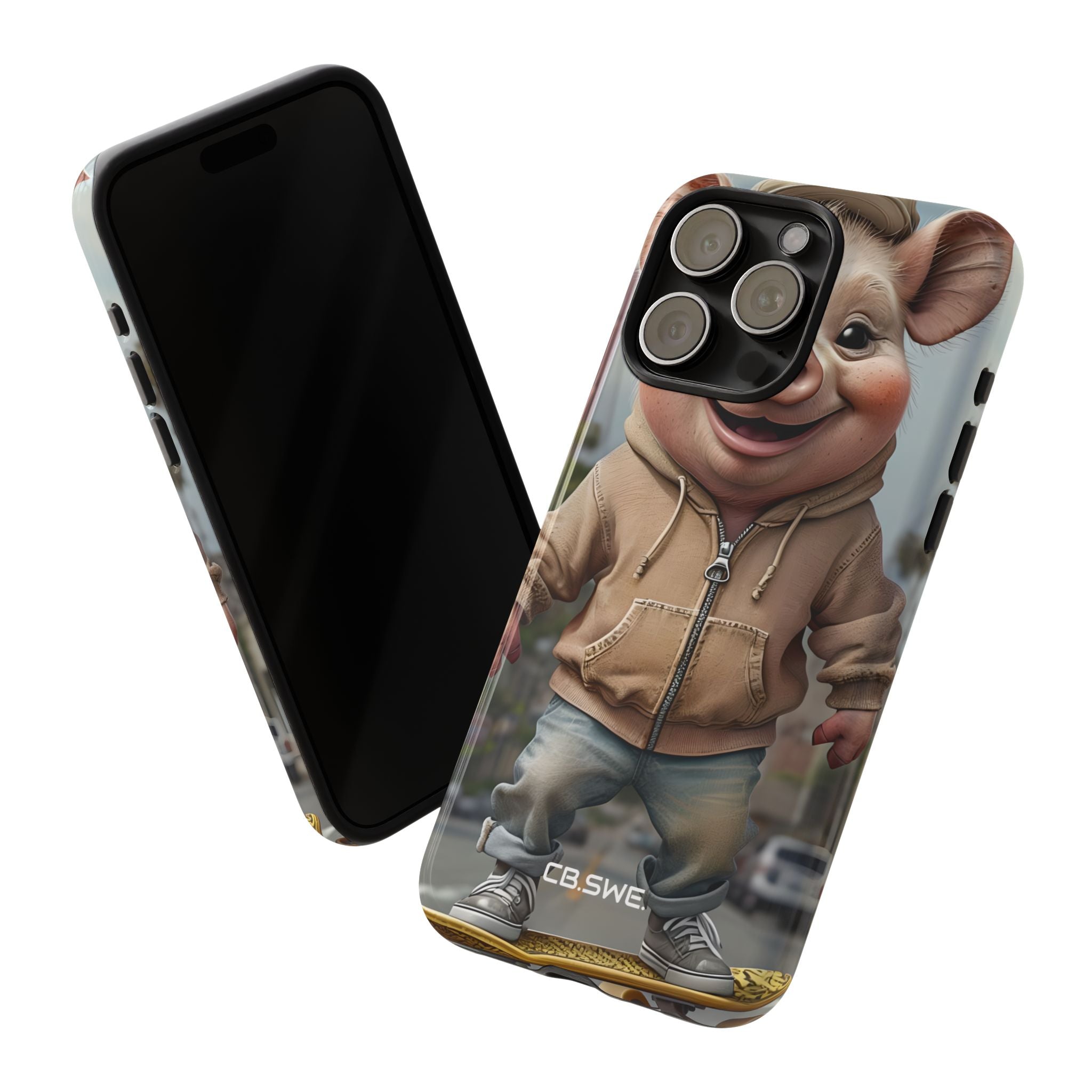 Playful Anthropomorphic Pig Skateboarding Illustration Art iPhone 15 - Tough