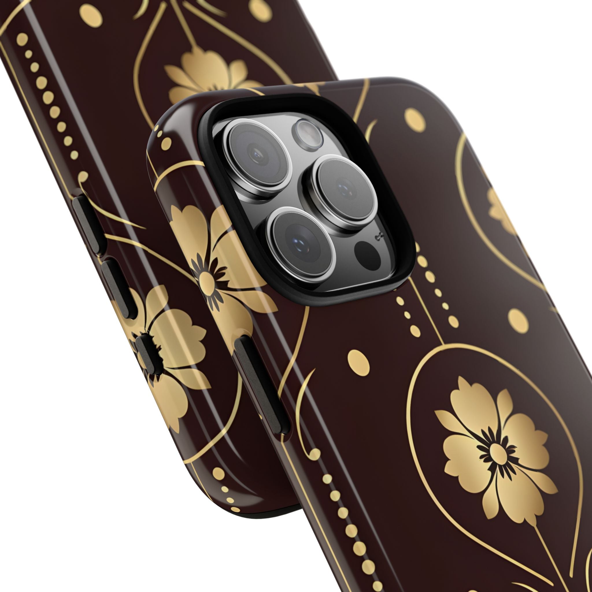 Elegant Gold Floral Symmetrical on Dark Brown iPhone 16 - Tough