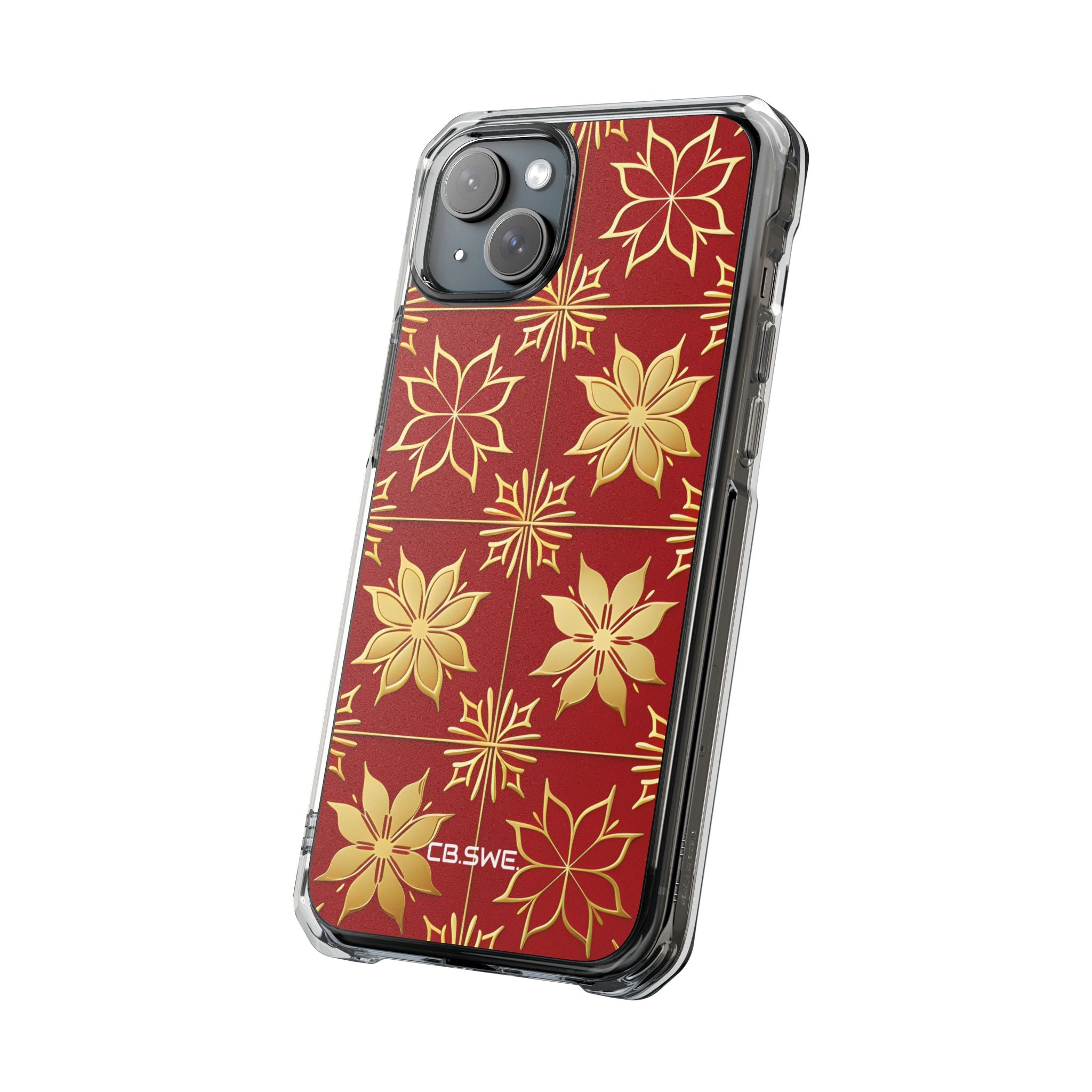 Elegantes Gold Floral Seamless Rich Red iPhone 15 - Impact Clear+