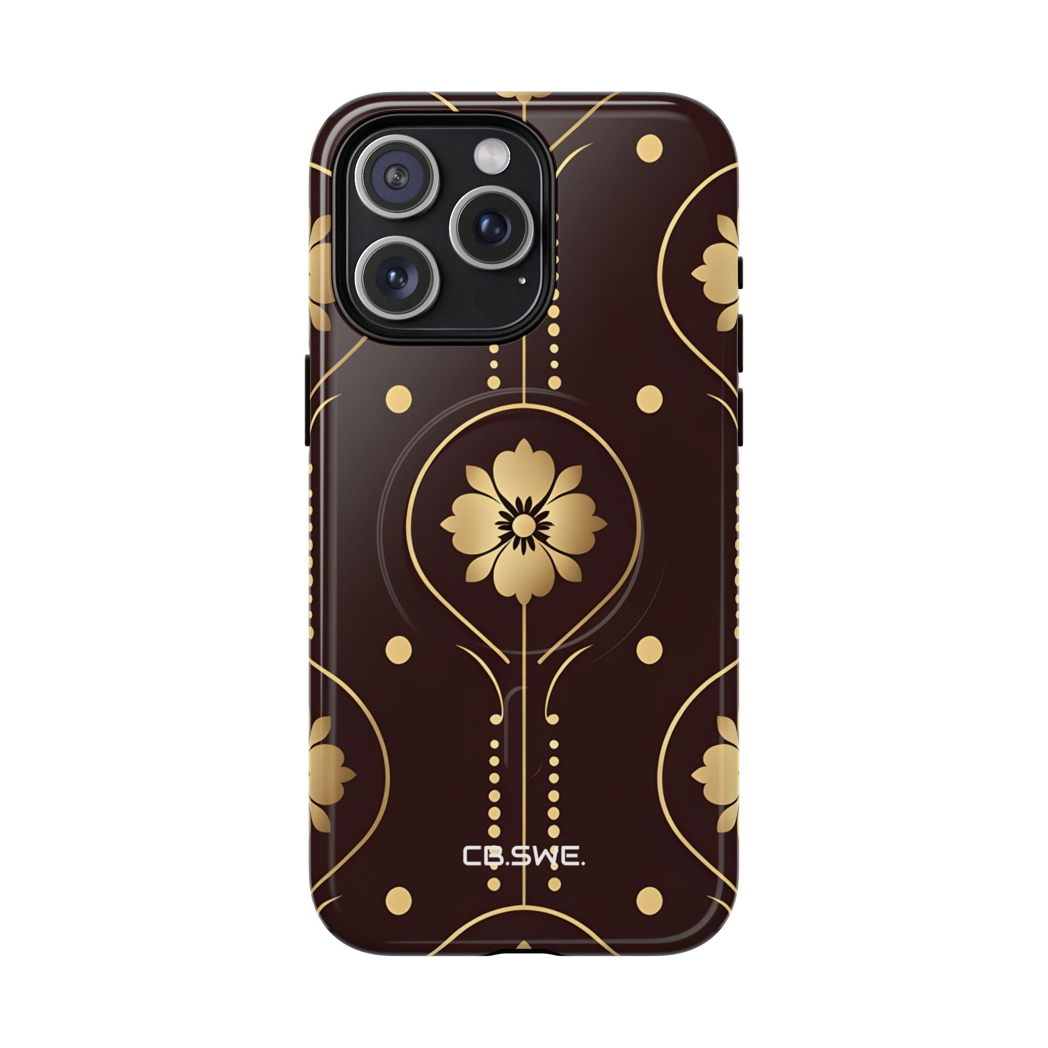 Elegant Gold Floral Symmetrical on Dark Brown iPhone 15 - Tough+