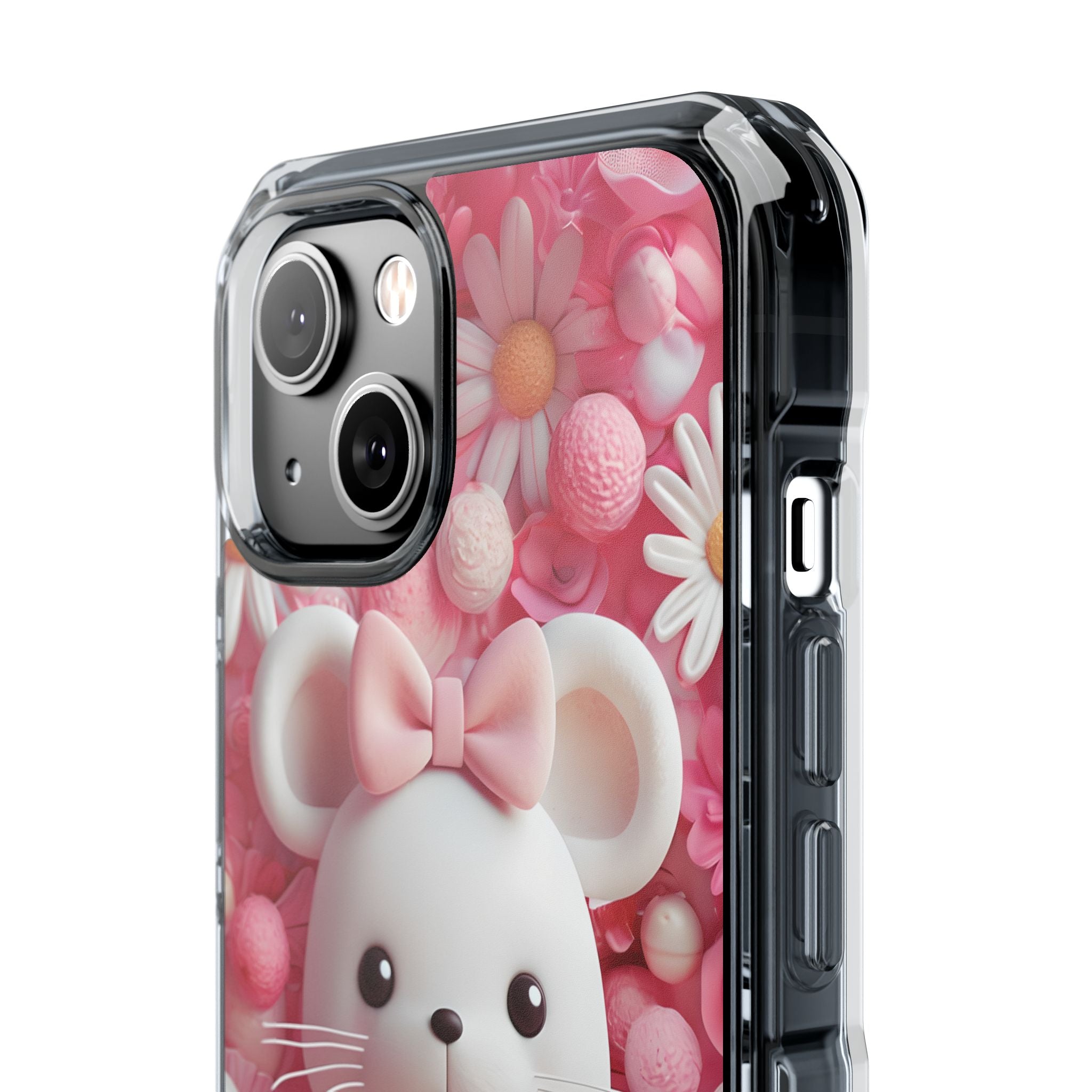 Adorable 3D Rendered White Mouse Plush Toy Floral iPhone 14 - Impact Clear+