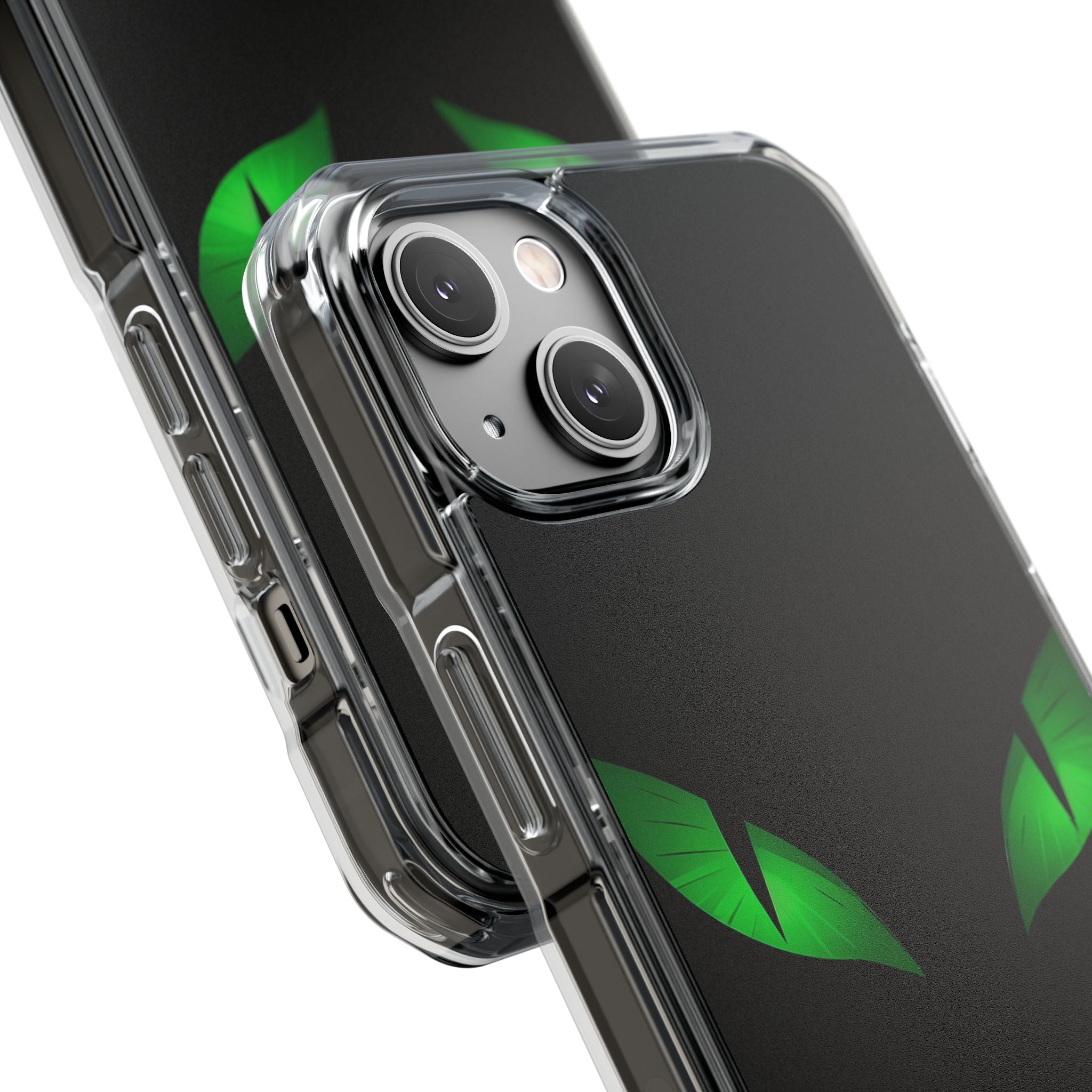 Leuchtend grüne Augen auf schwarzem iPhone 14 – Impact Clear+