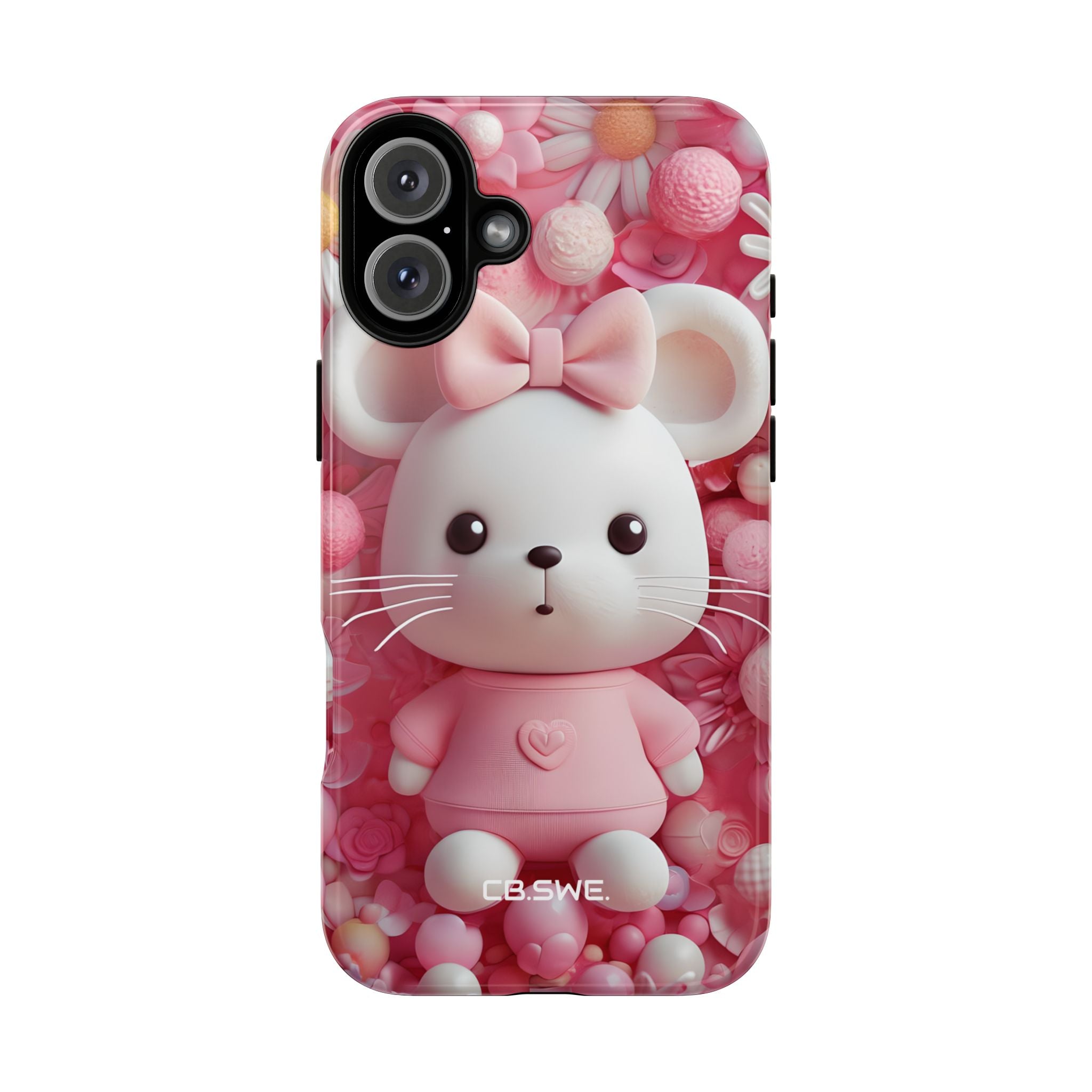 Entzückendes 3D-gerendertes weißes Maus-Plüschtier mit Blumenmuster für iPhone 16 – robust
