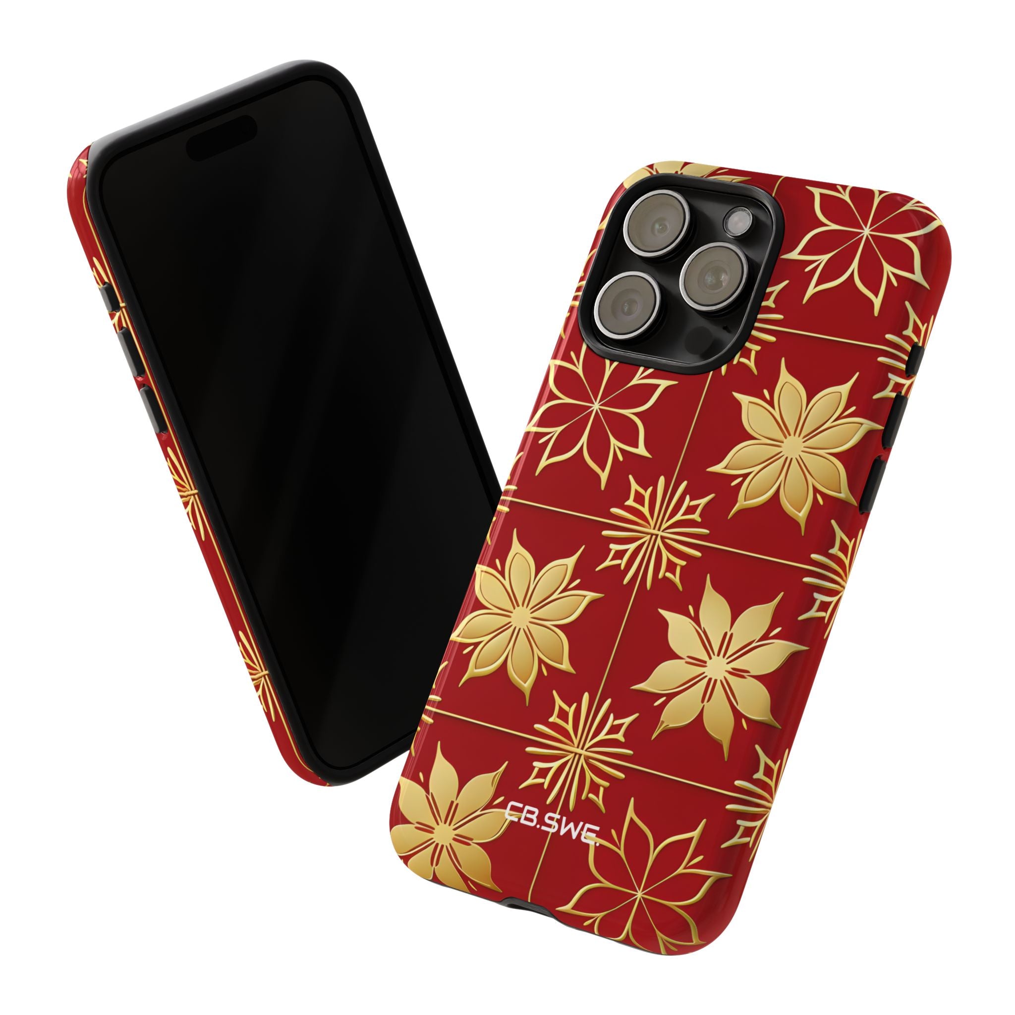 Eleganter Gold Floral Seamless Rich Red iPhone 15 - Tough