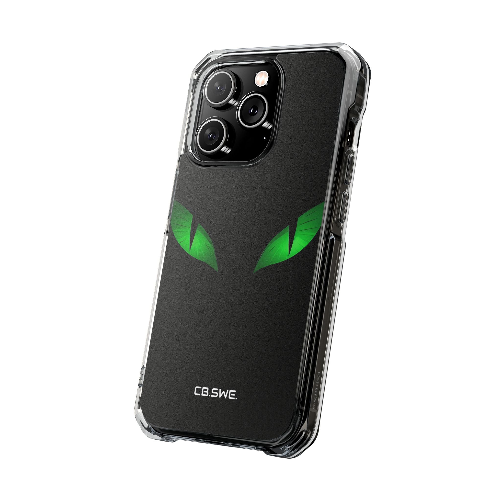 Leuchtend grüne Augen auf schwarzem iPhone 14 – Impact Clear+