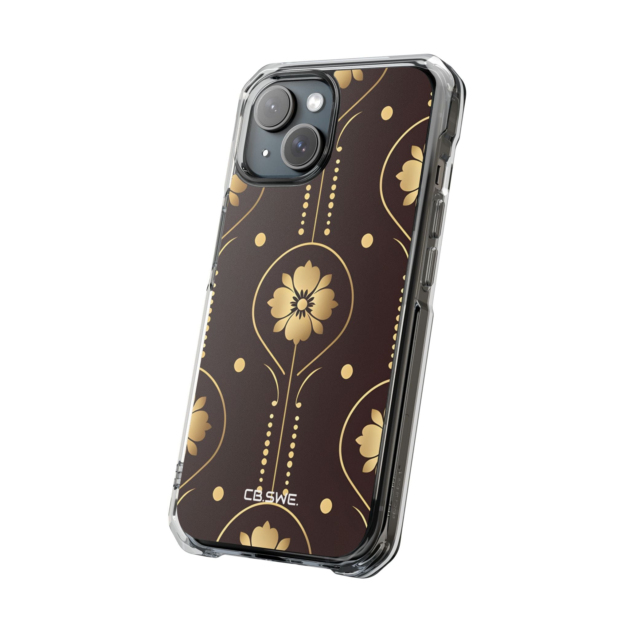 Elegant Gold Floral Symmetrical on Dark Brown iPhone 15 - Impact Clear+