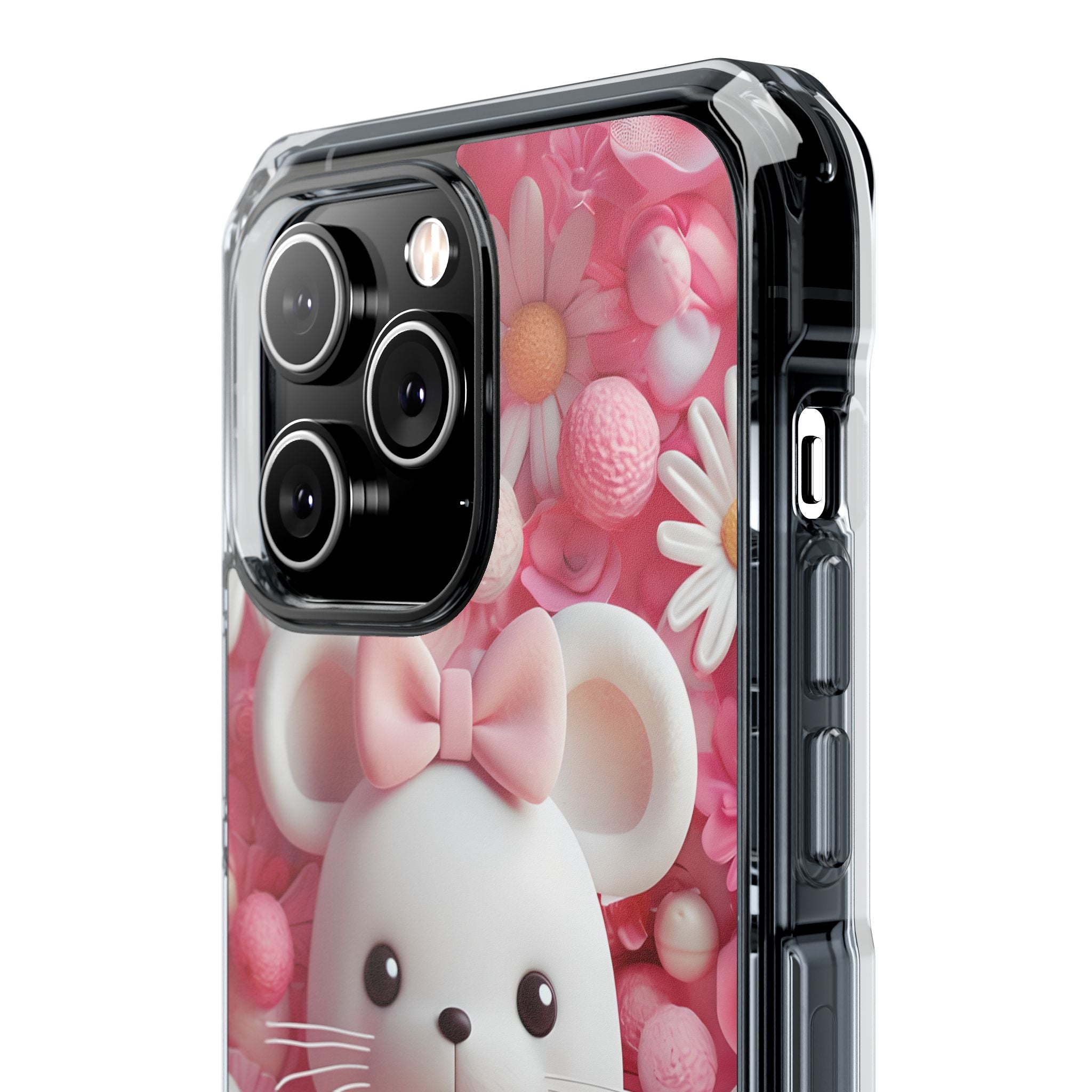 Adorable 3D Rendered White Mouse Plush Toy Floral iPhone 14 - Impact Clear+