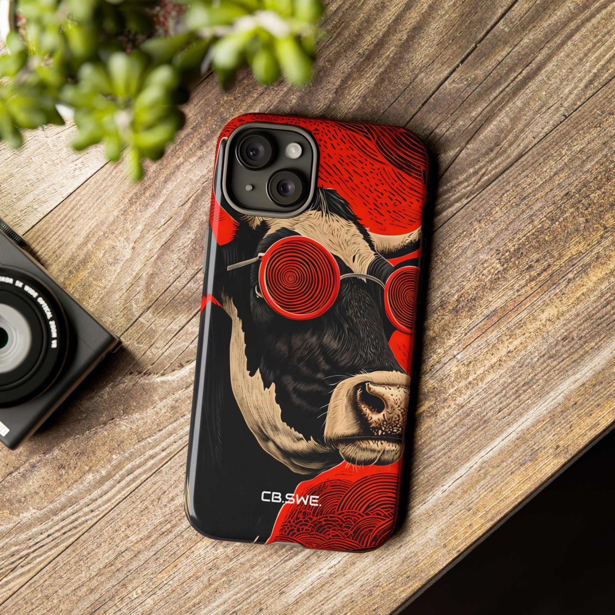 Surreal Black White Cow Red Spiral Sunglasses iPhone 15 - Tough
