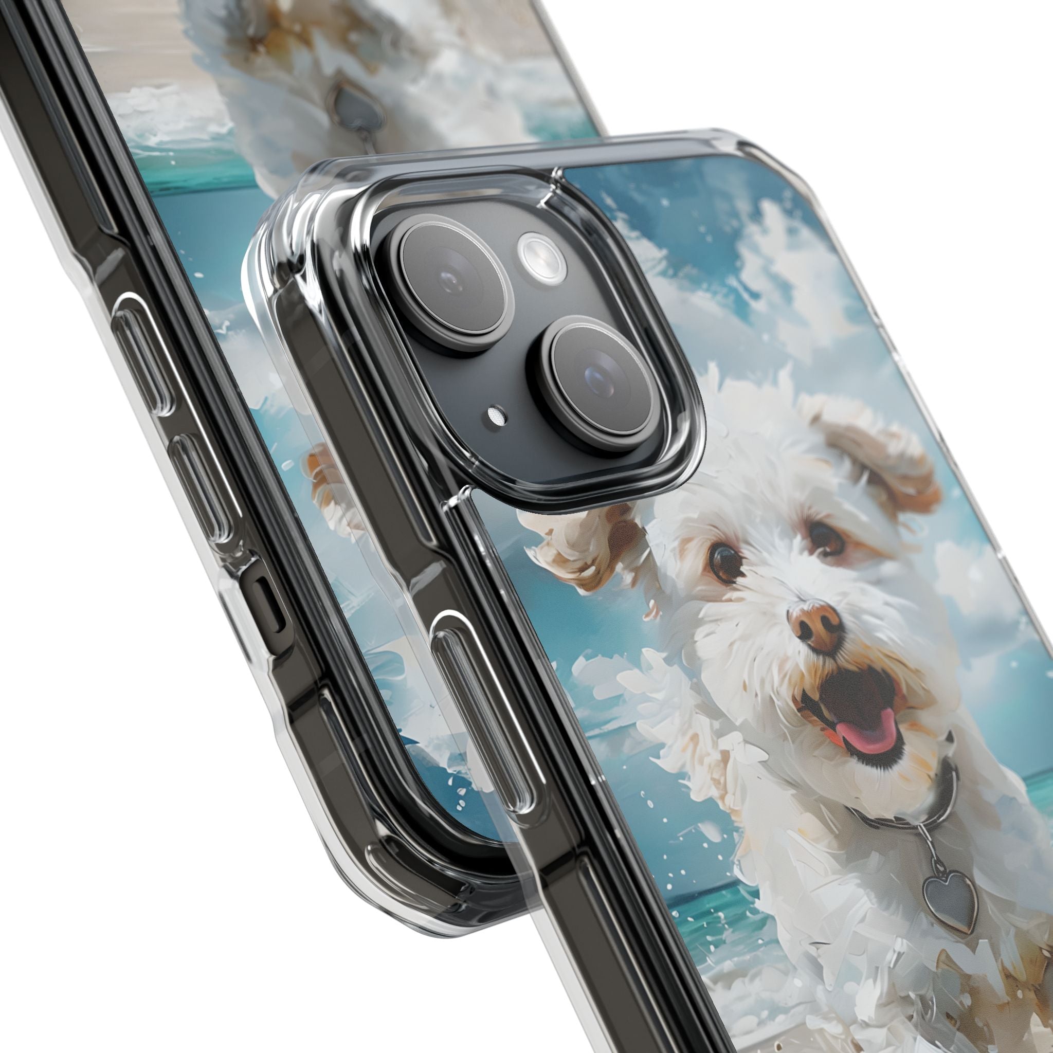 Joyful Fluffy Dog Running on Beach Impressionist Art iPhone 15 - Impact Clear+