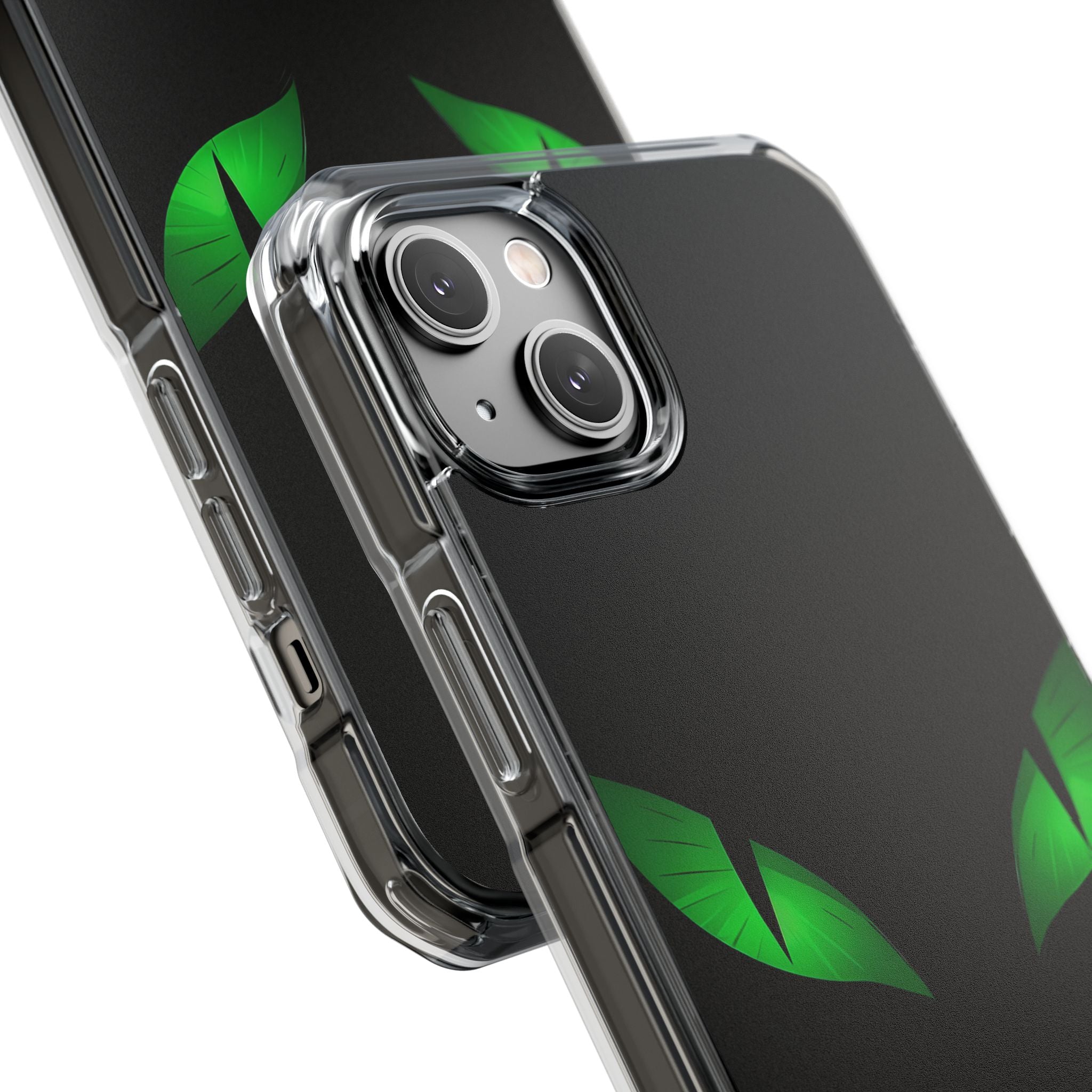 Leuchtend grüne Augen auf schwarzem iPhone 14 – Impact Clear+