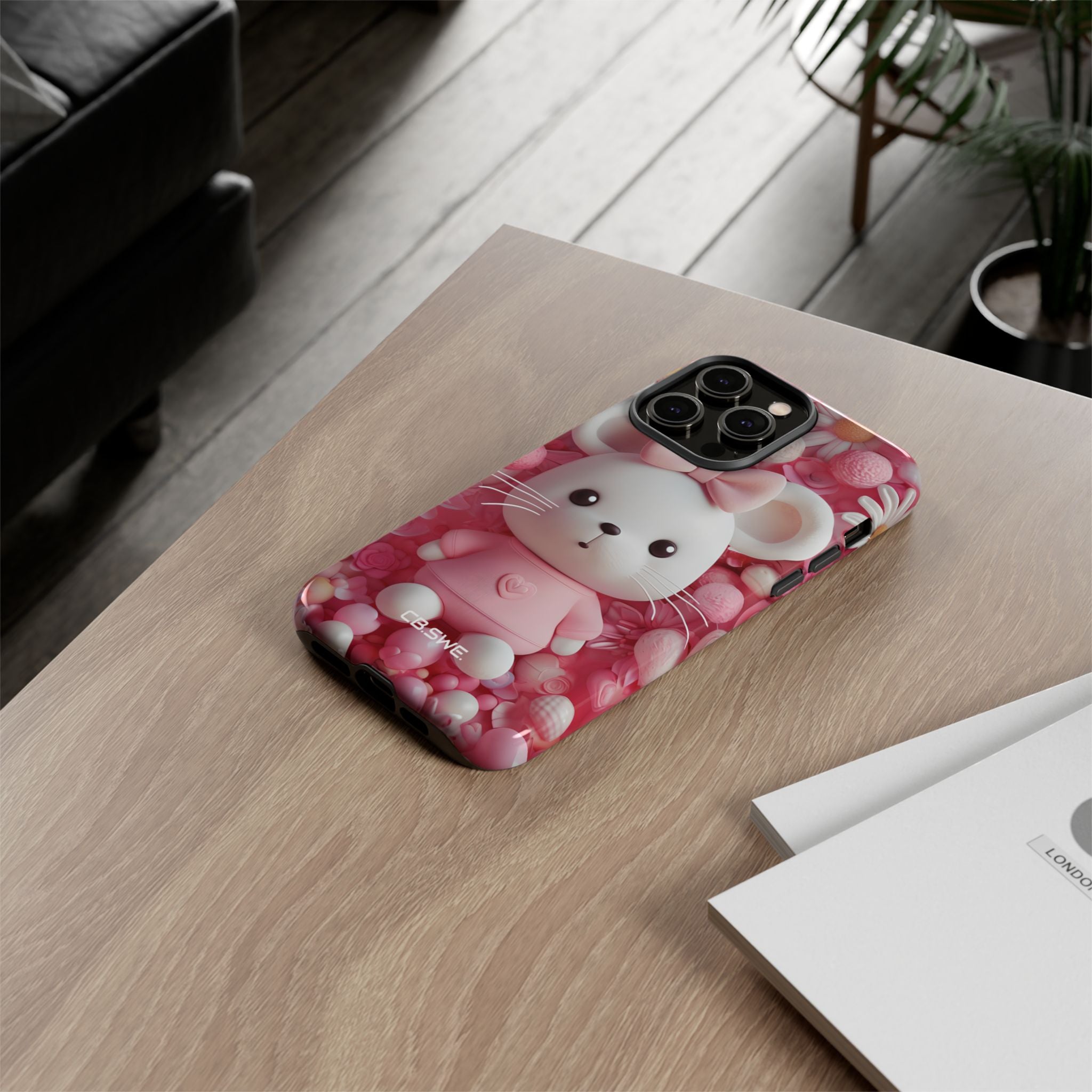 Adorable 3D Rendered White Mouse Plush Toy Floral iPhone 14 - Tough