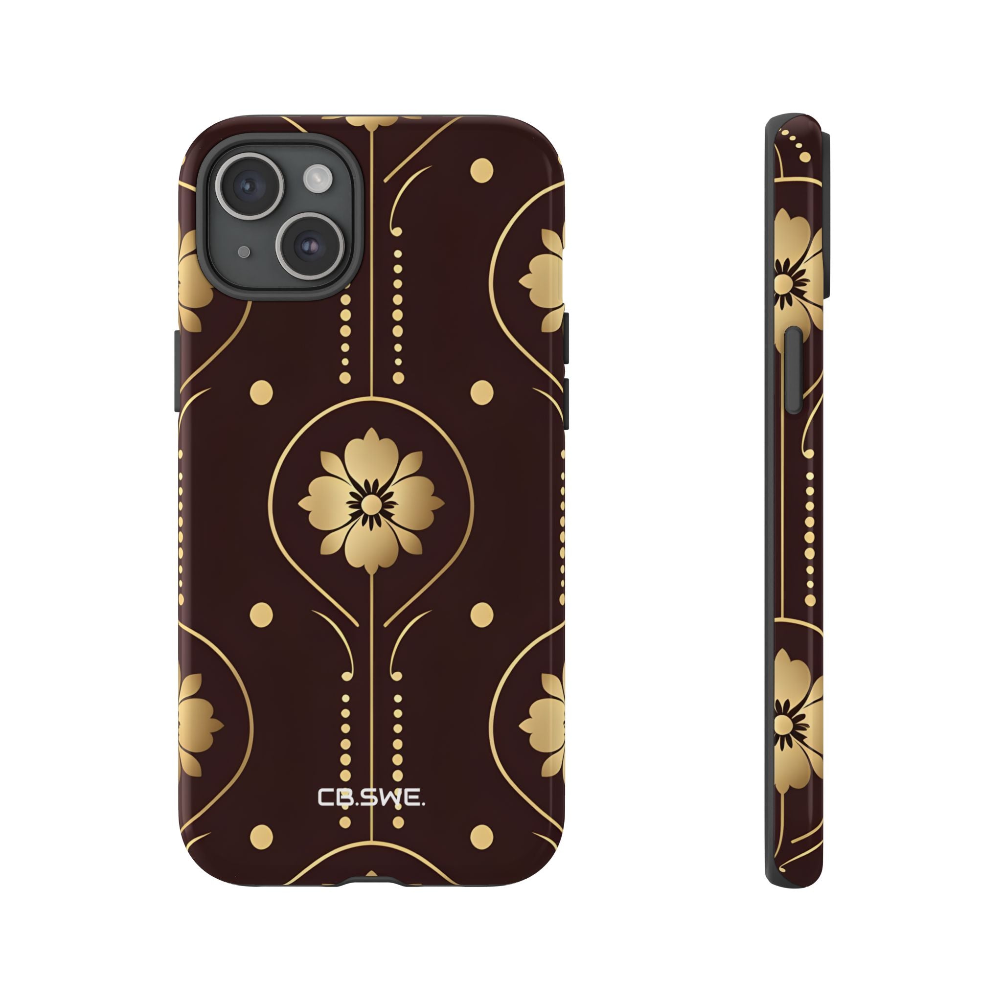 Elegante floral dorado simétrico en marrón oscuro para iPhone 15 - Tough
