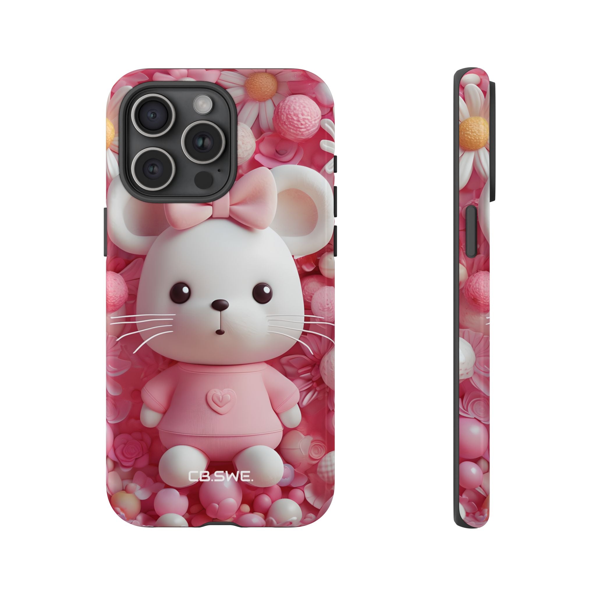 Adorable 3D Rendered White Mouse Plush Toy Floral iPhone 15 - Tough