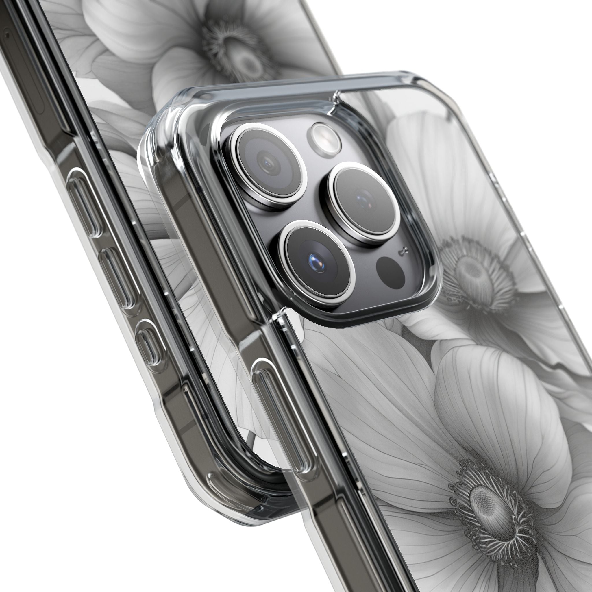 Grayscale Floral Harmony iPhone 15 - Impact Clear+