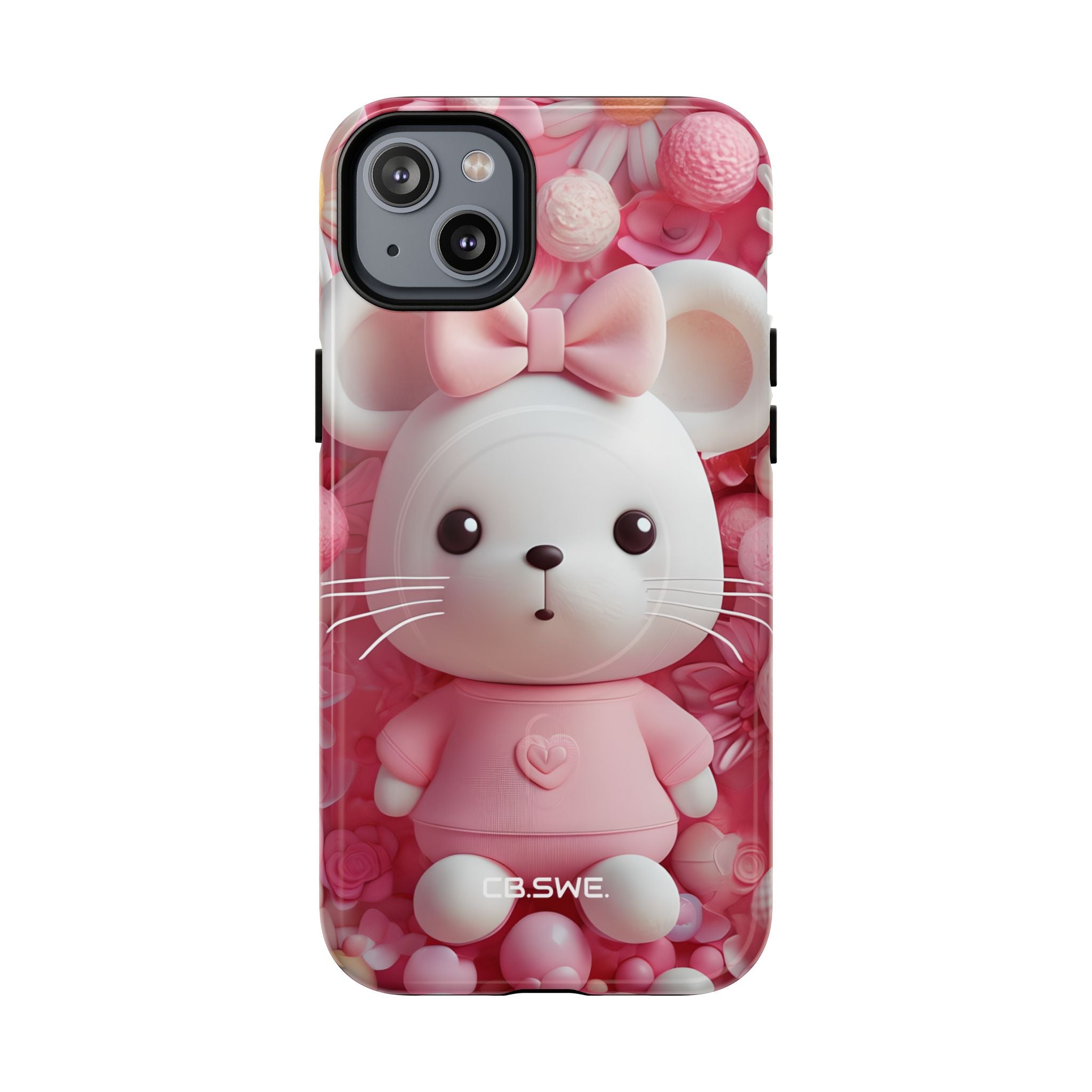 Adorable 3D Rendered White Mouse Plush Toy Floral iPhone 14 - Tough+