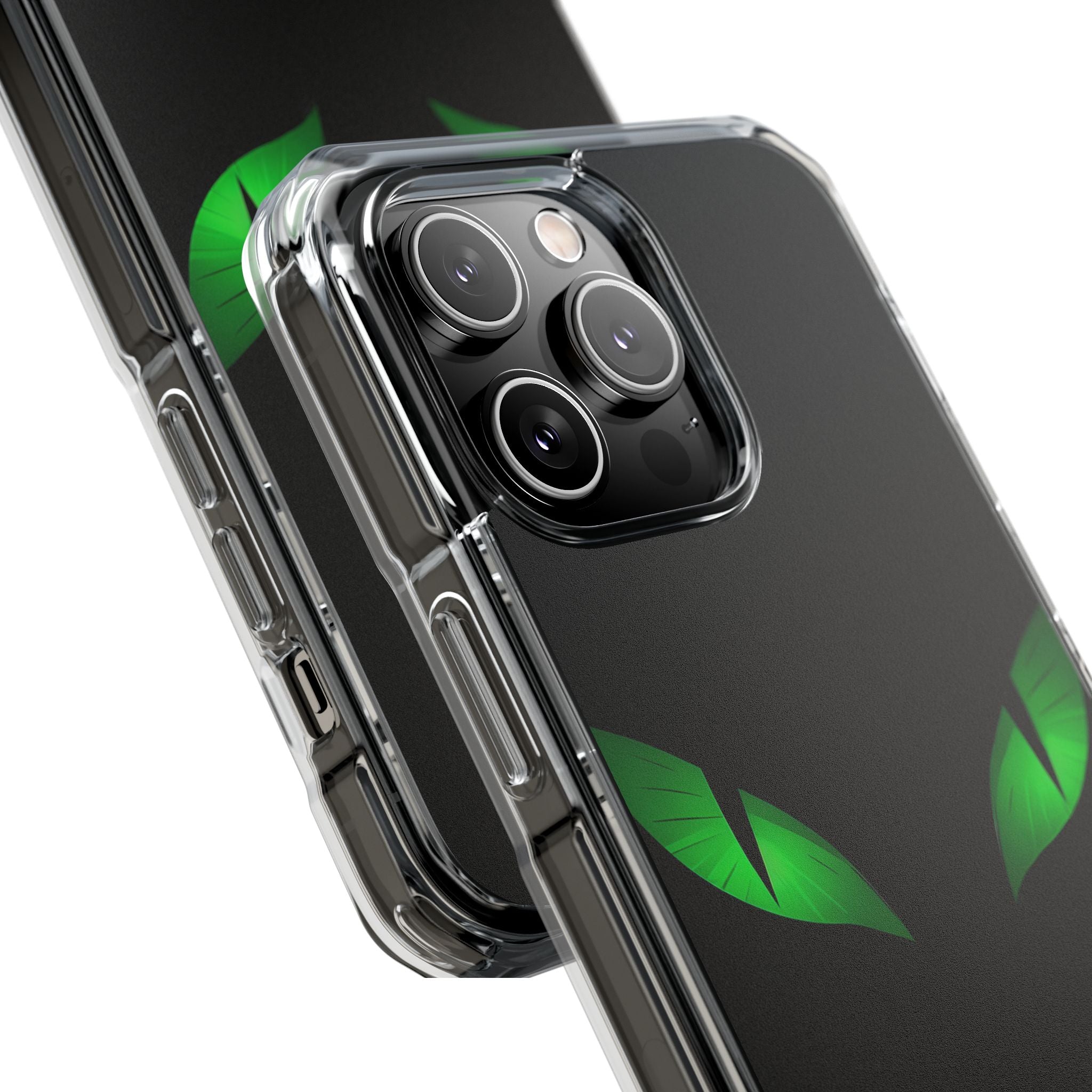 Leuchtend grüne Augen auf schwarzem iPhone 14 – Impact Clear+