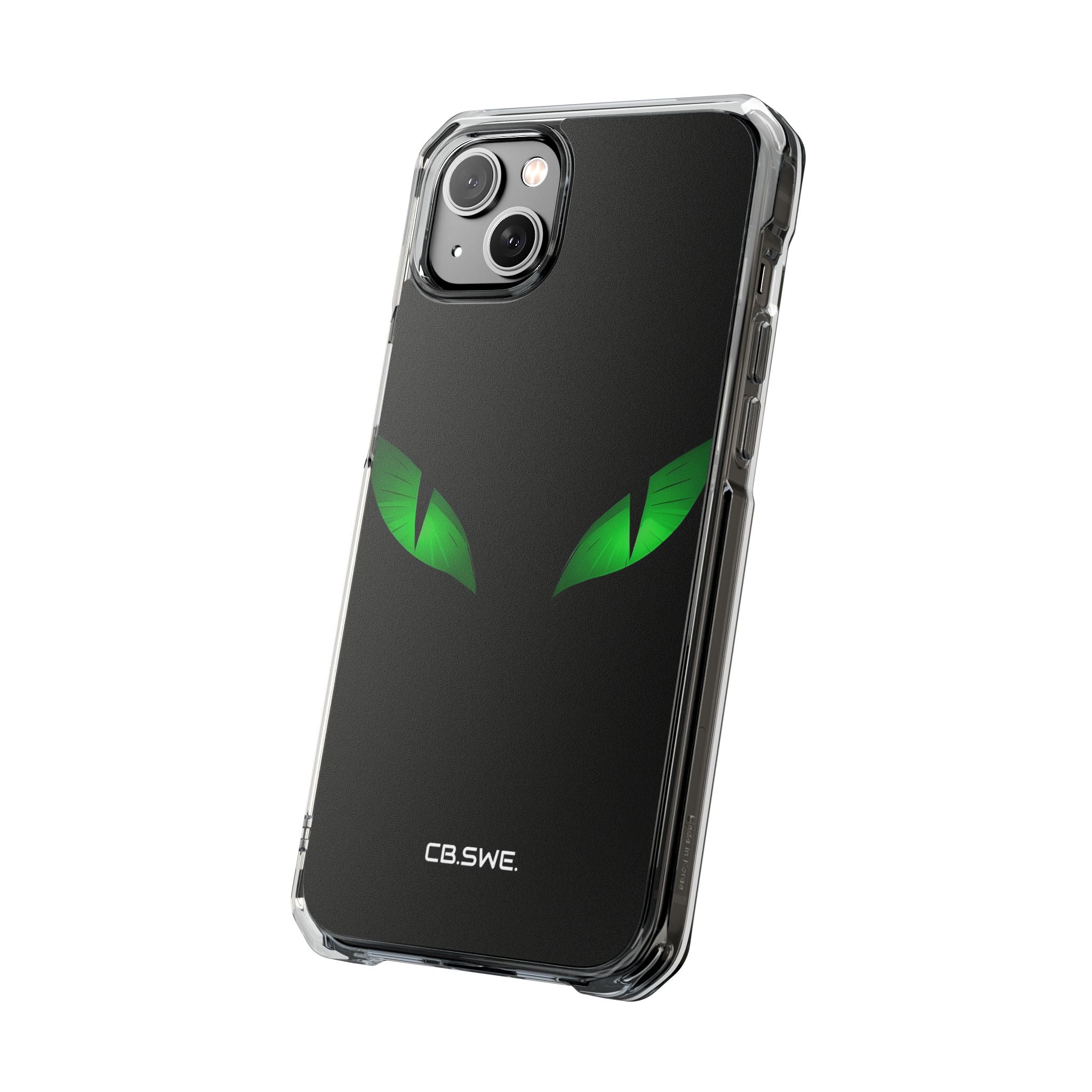 Leuchtend grüne Augen auf schwarzem iPhone 14 – Impact Clear+