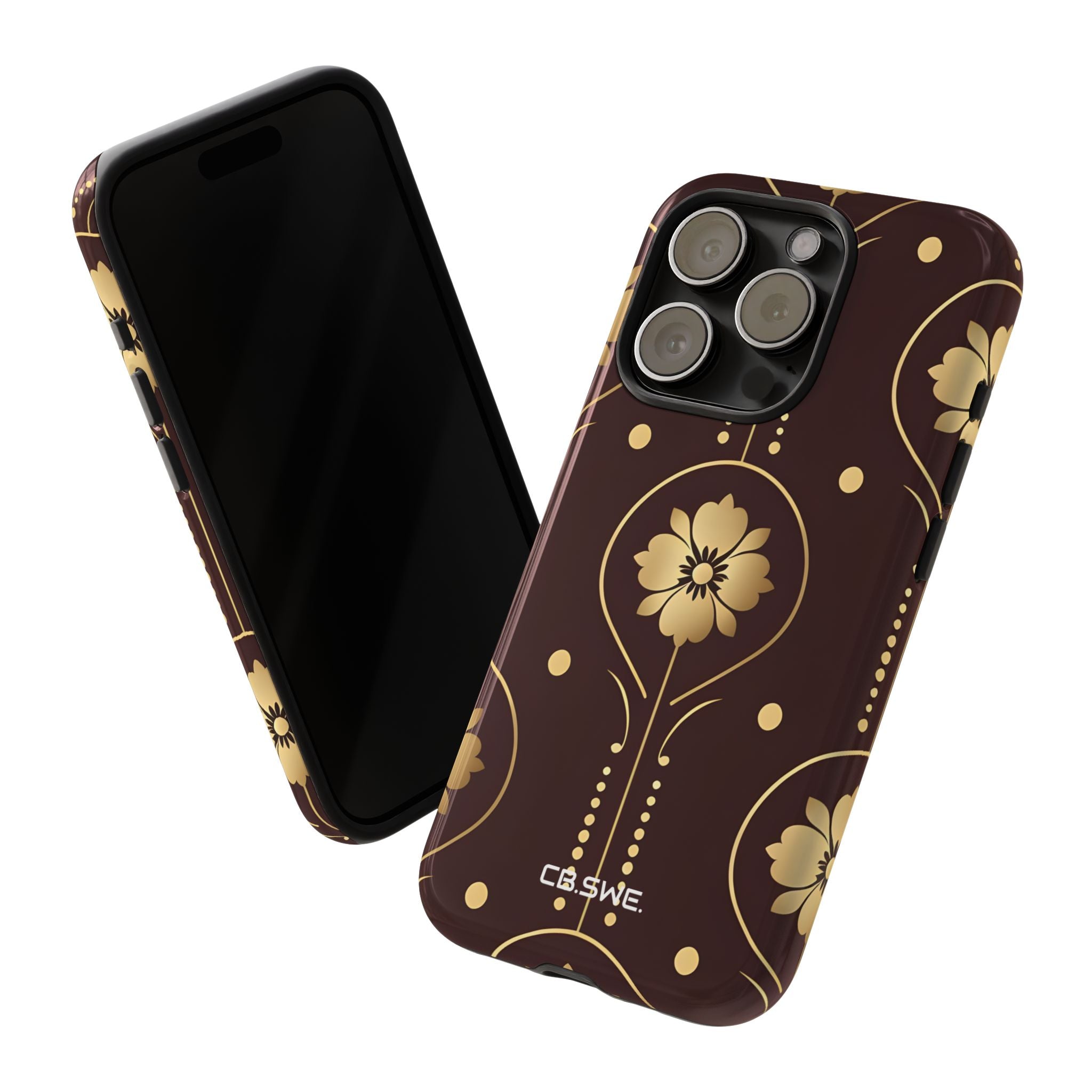 Elegante floral dorado simétrico en marrón oscuro para iPhone 15 - Tough