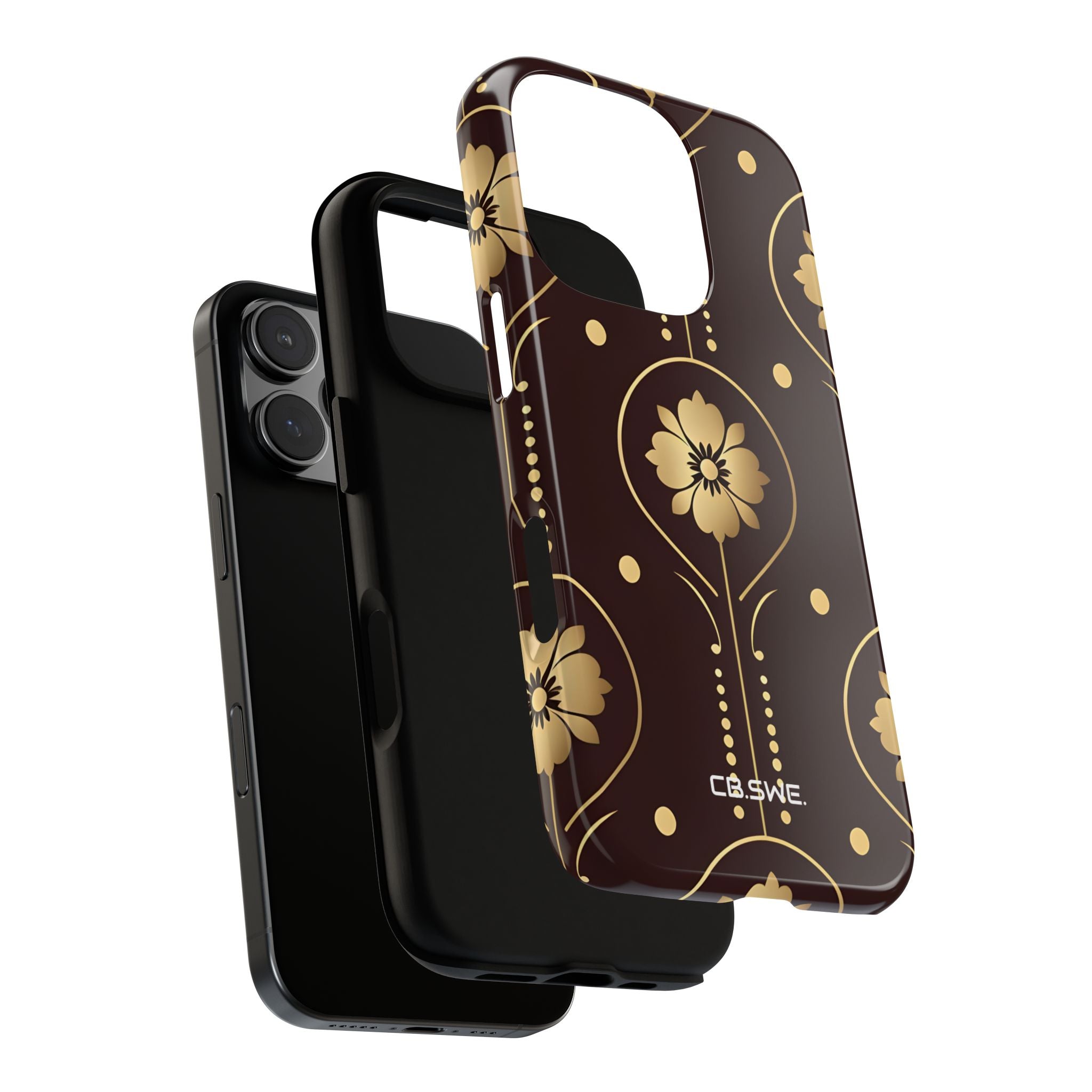 Elegant Gold Floral Symmetrical on Dark Brown iPhone 16 - Tough