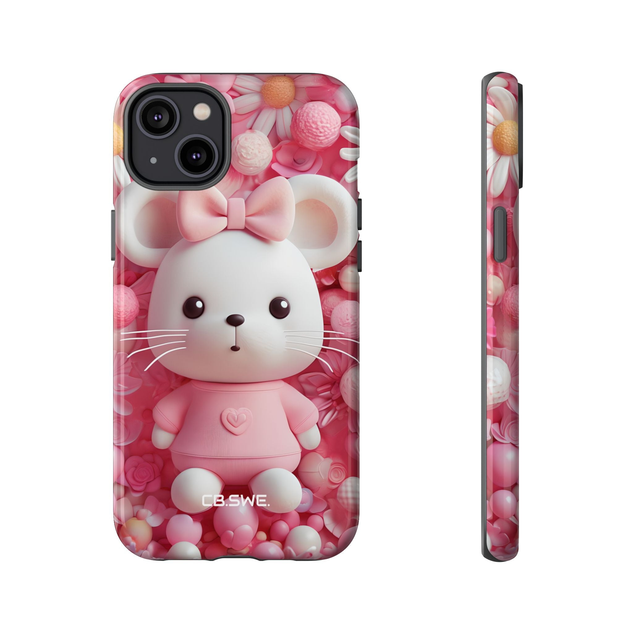 Adorable 3D Rendered White Mouse Plush Toy Floral iPhone 14 - Tough