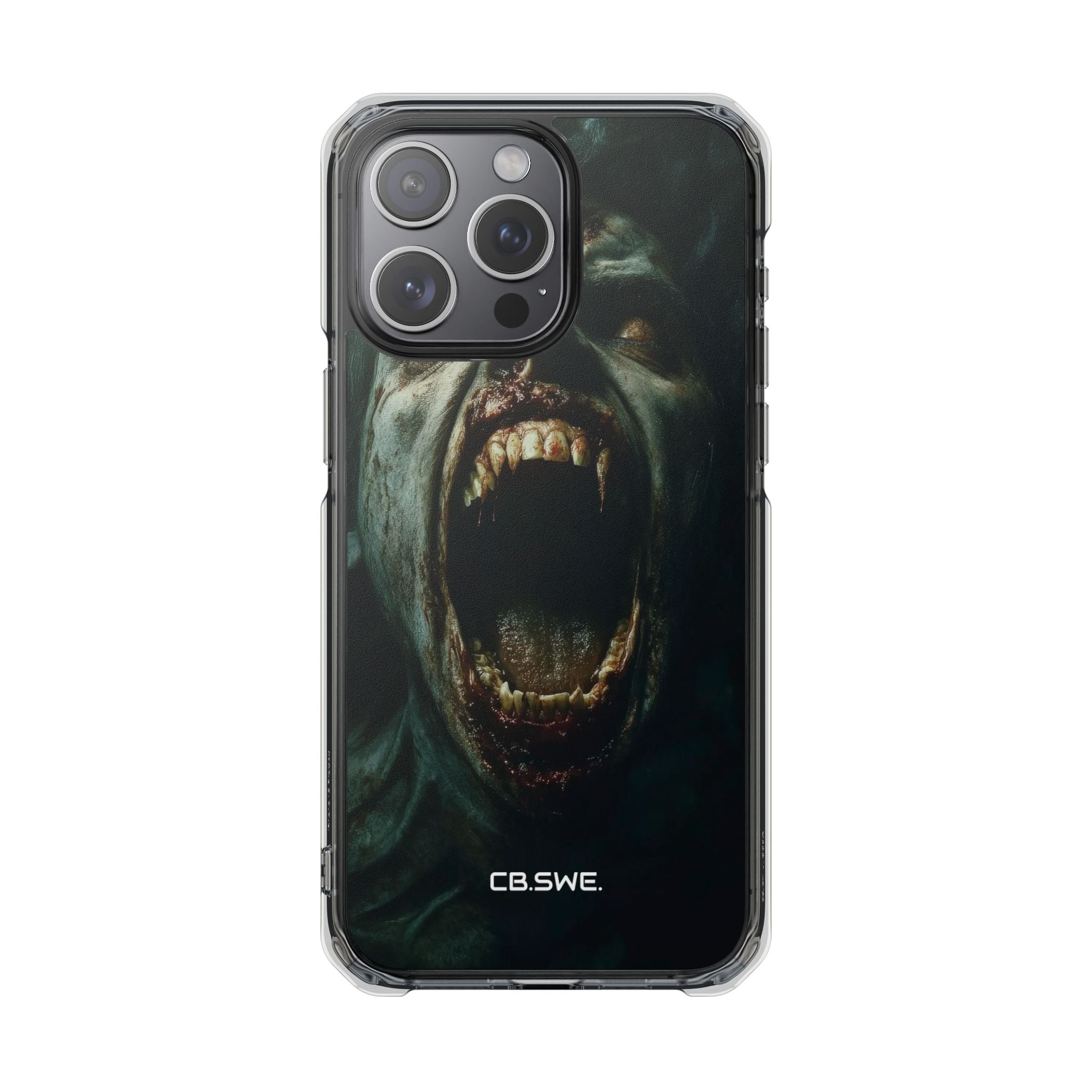 Ein Zombie mit scharfen Zähnen und offenem Mund, der Vampir zeigt. iPhone 15 – Impact Clear+