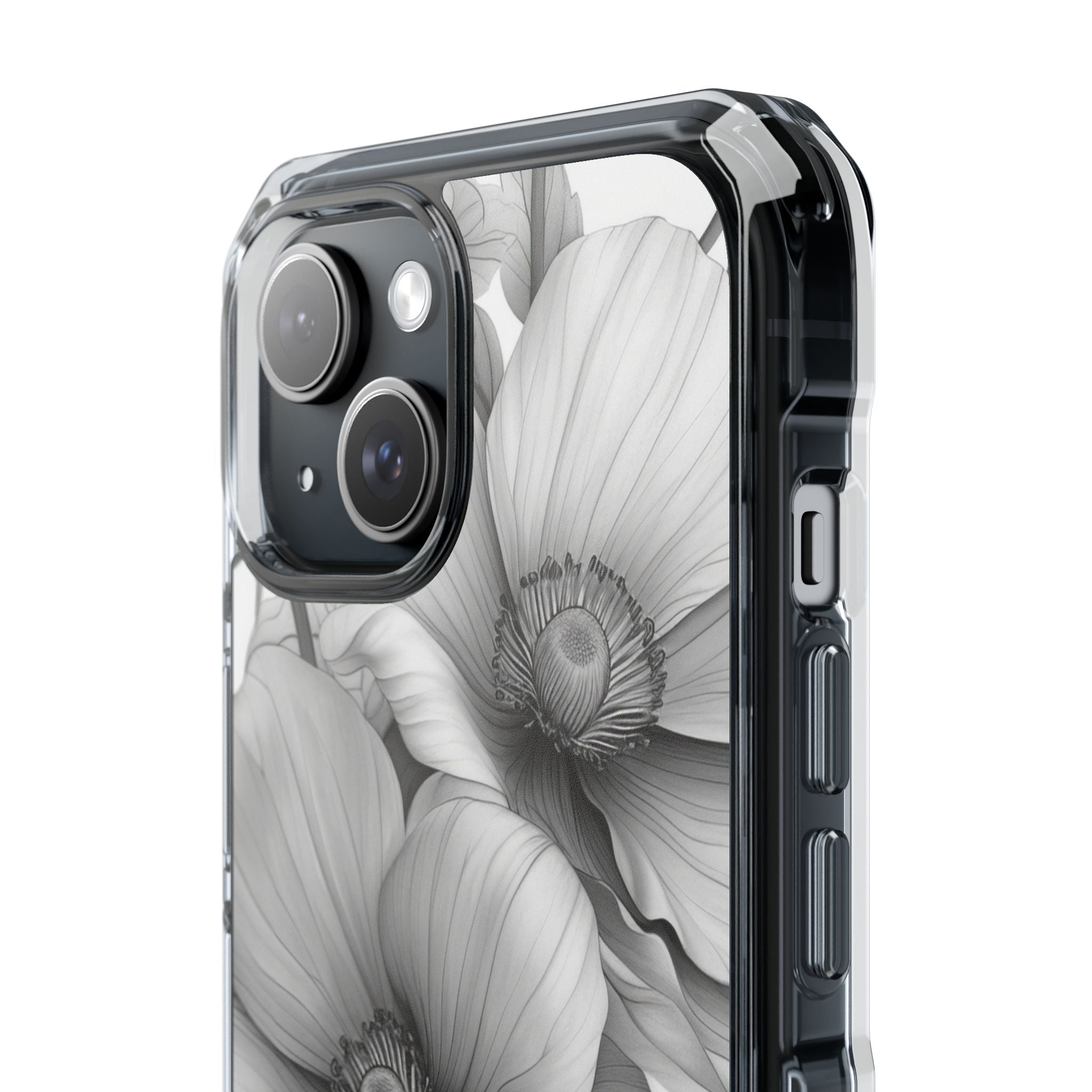 Grayscale Floral Harmony iPhone 15 - Impact Clear+