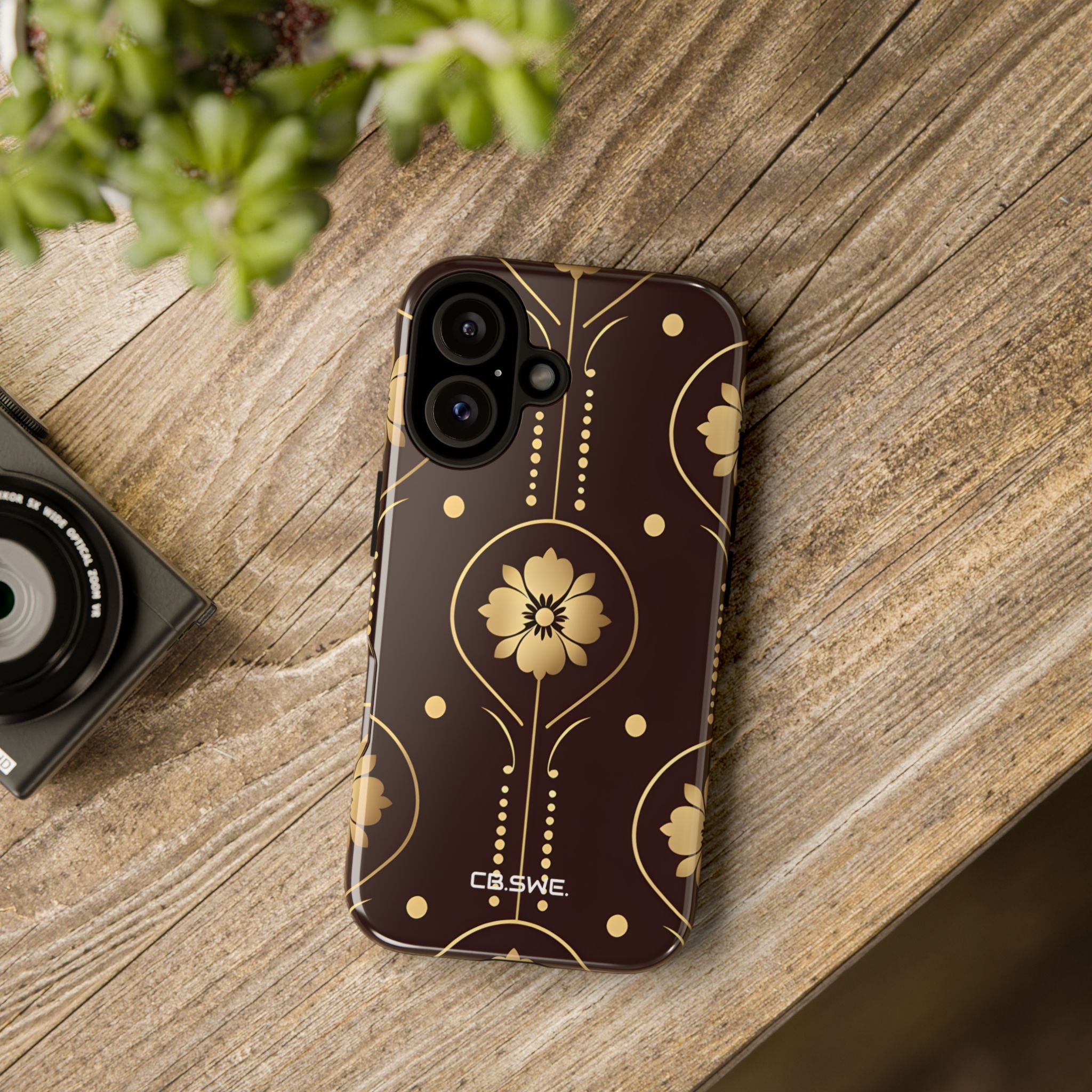 Elegant Gold Floral Symmetrical on Dark Brown iPhone 16 - Tough