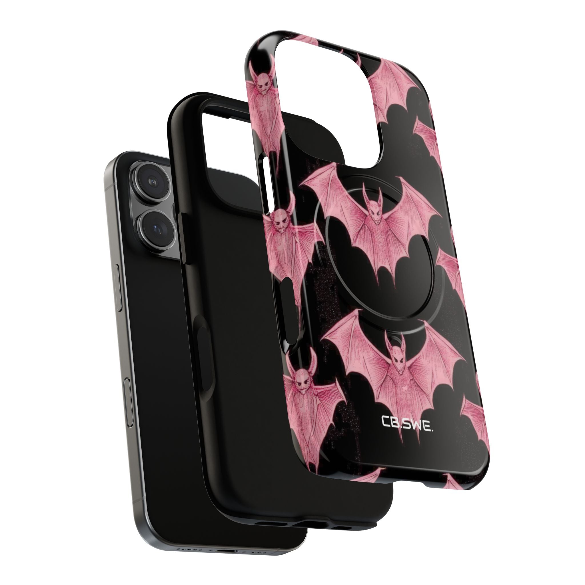Pink Bat on Black Symmetrical iPhone 16 - Tough+