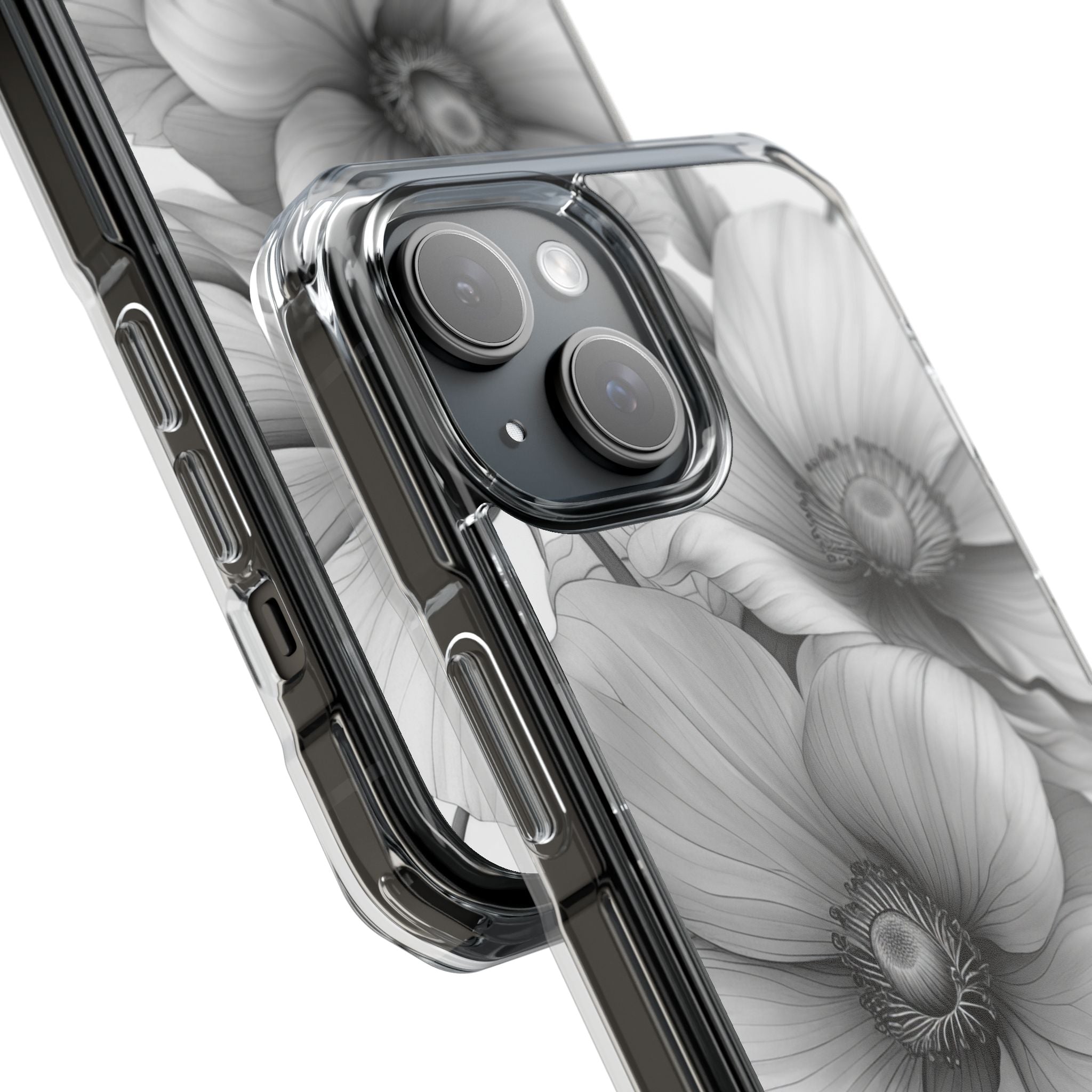 Grayscale Floral Harmony iPhone 15 - Impact Clear+
