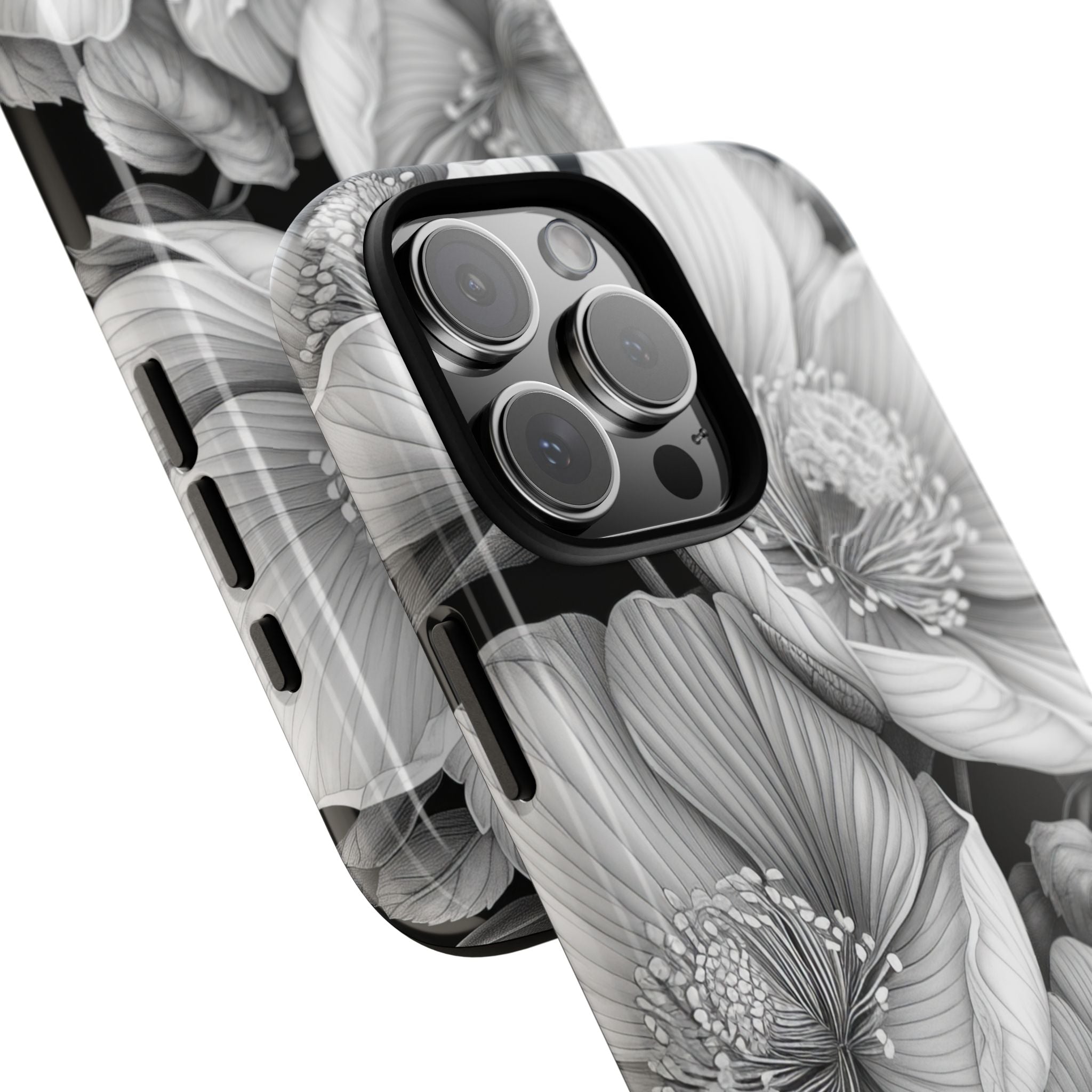 Monochrome Petal Dance iPhone 16 - Tough
