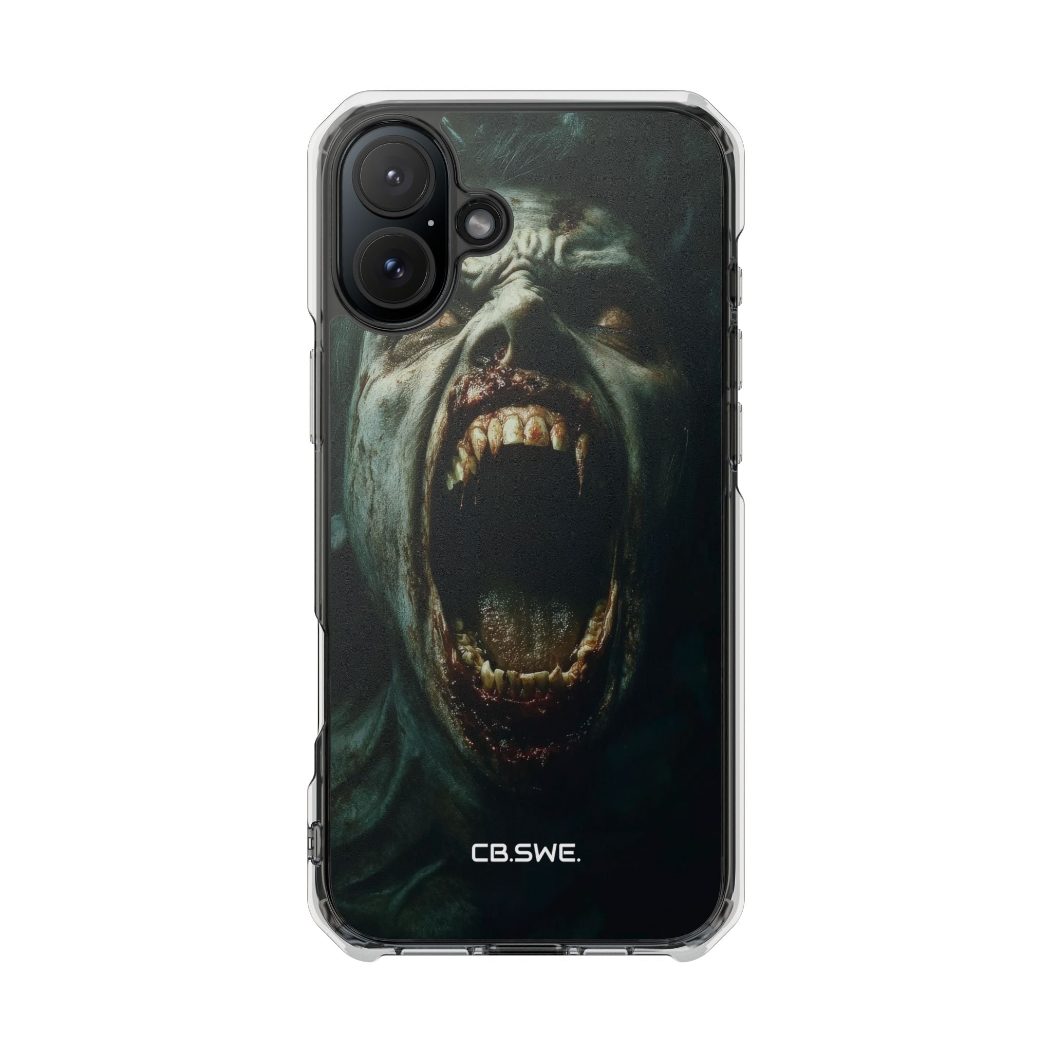 Ein Zombie mit scharfen Zähnen und offenem Mund, der Vampir zeigt. iPhone 16 – Impact Clear+