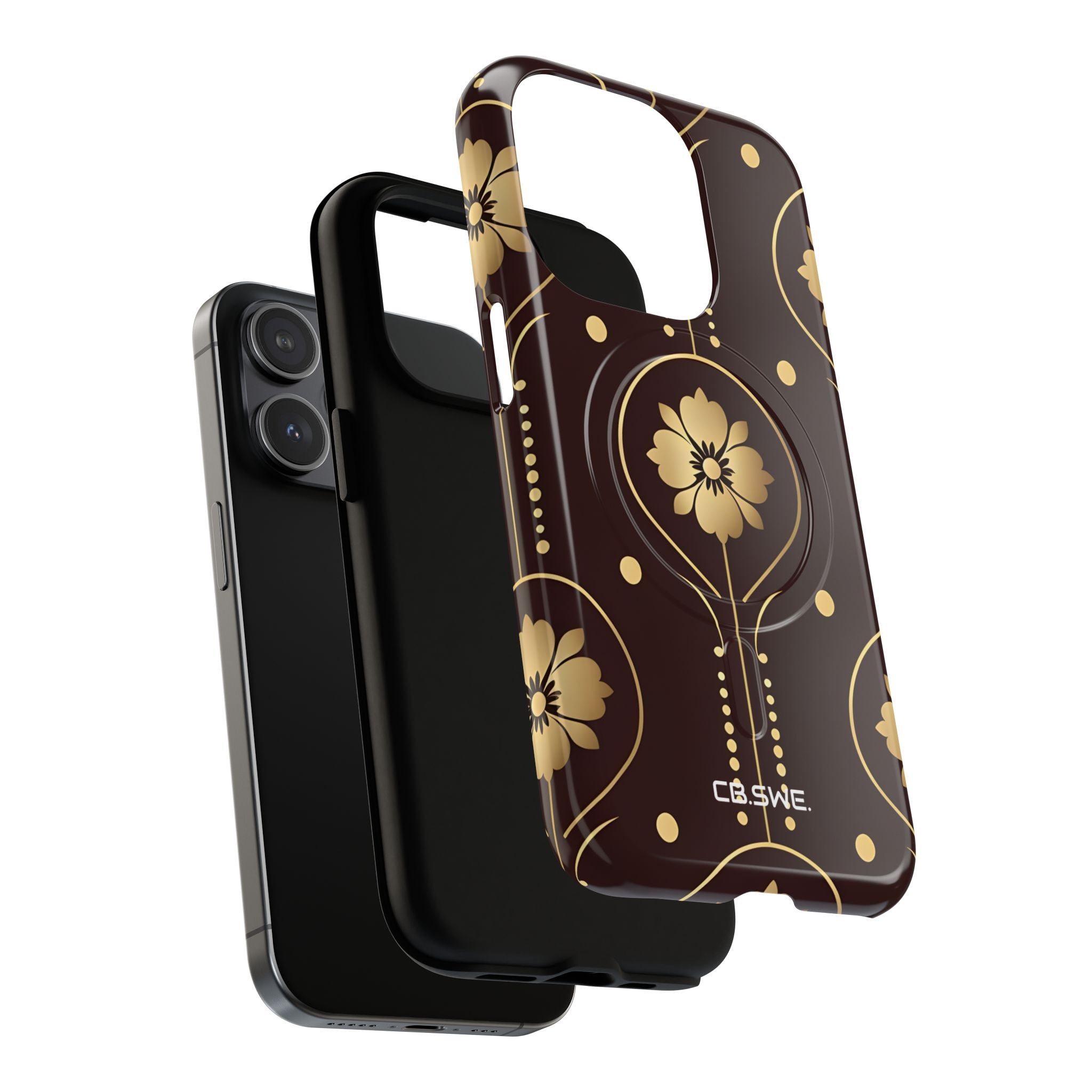 Elegant Gold Floral Symmetrical on Dark Brown iPhone 15 - Tough+