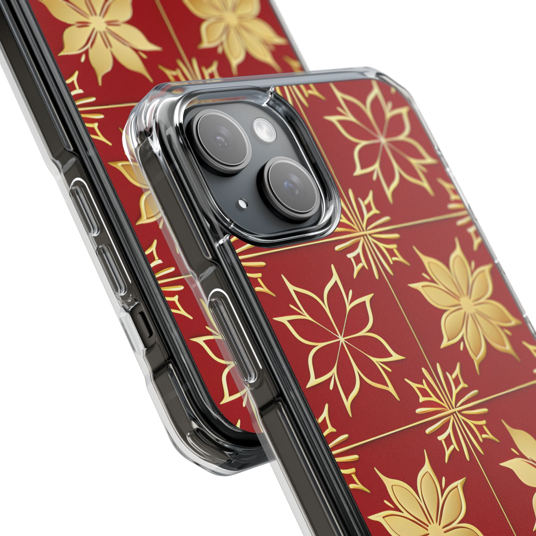 Elegantes Gold Floral Seamless Rich Red iPhone 15 - Impact Clear+