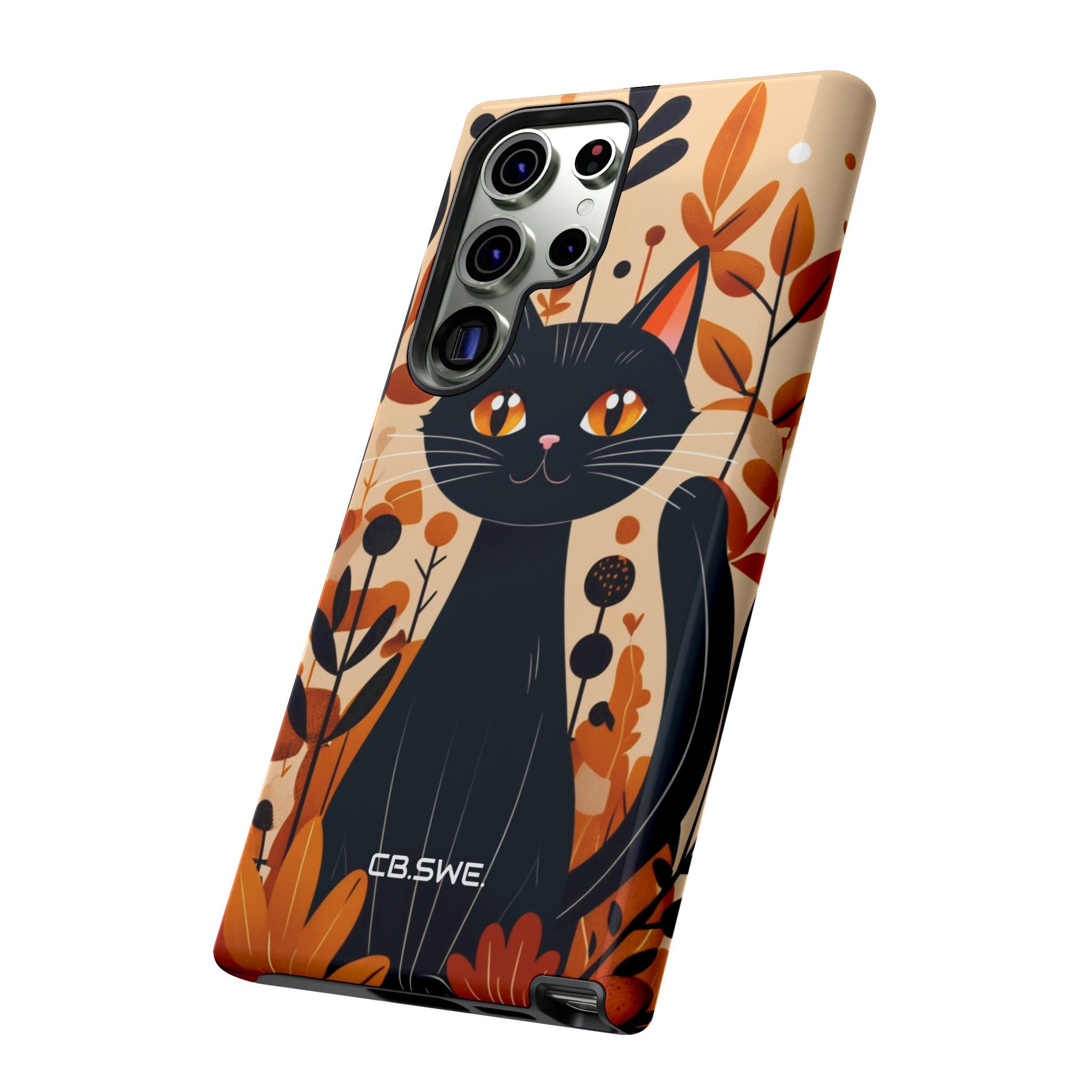 Whimsical Cartoon Black Cat Surrounded by Stylized Plants Mobile Wallpaper Samsung S23 - Tough