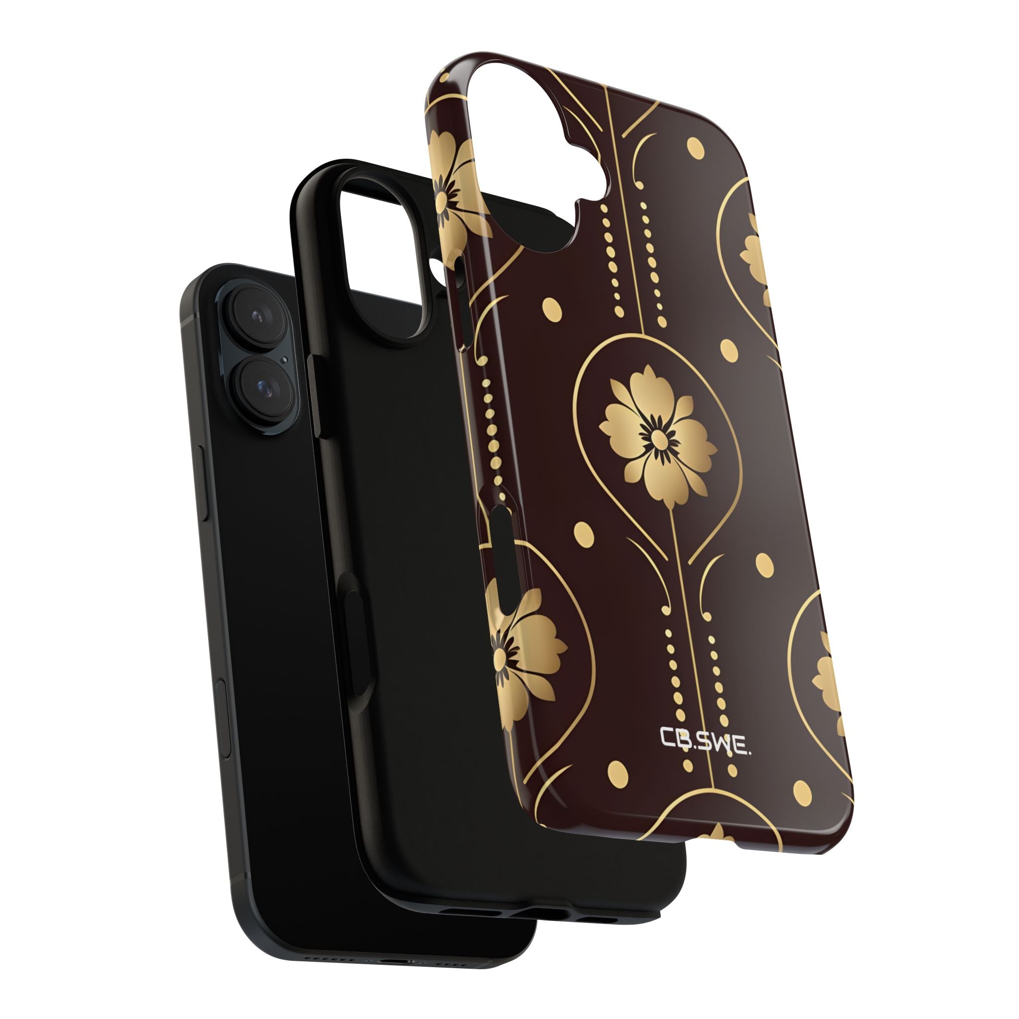 Elegant Gold Floral Symmetrical on Dark Brown iPhone 16 - Tough