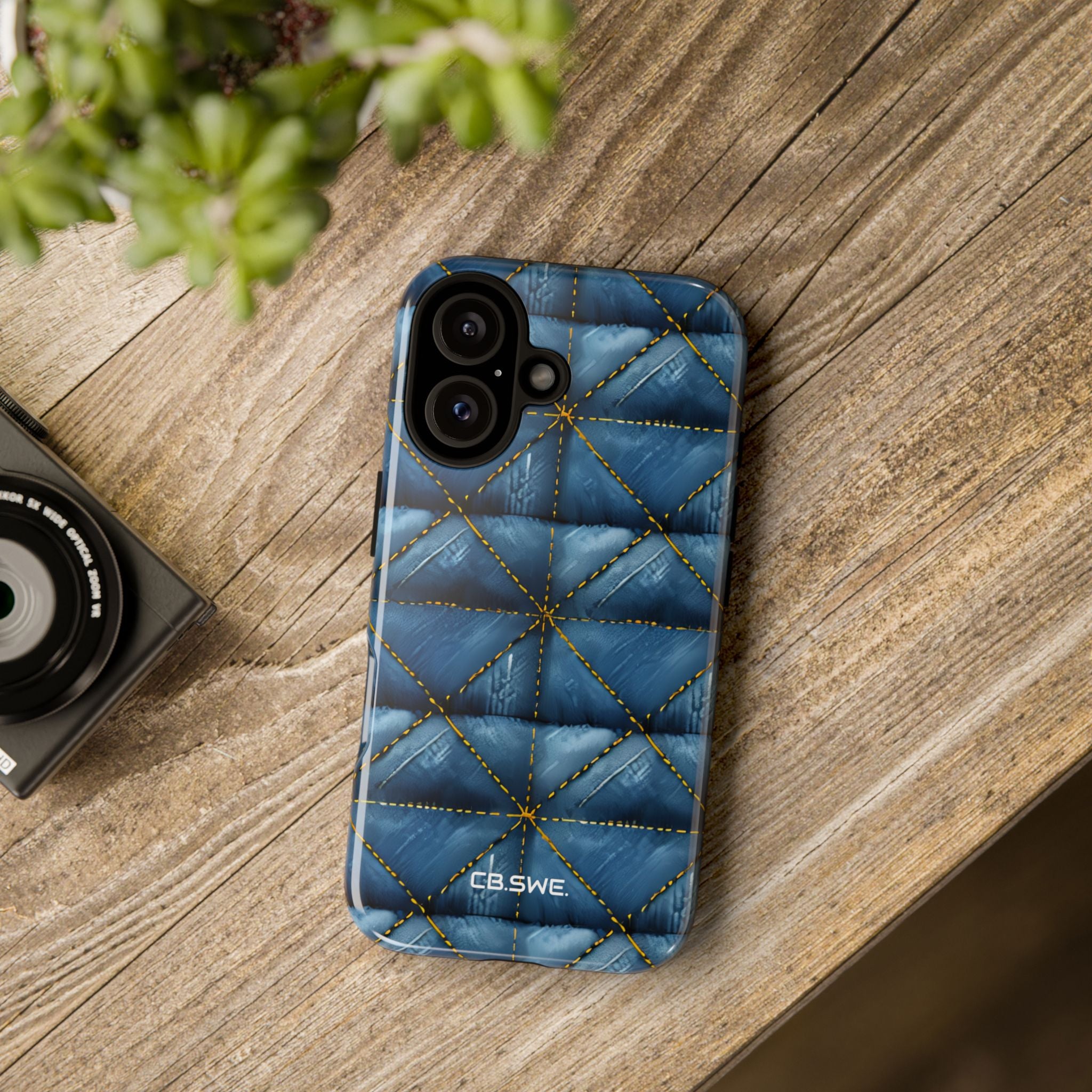 Blue Denim Quilted Yellow Stitching Seamless iPhone 16 - Tough