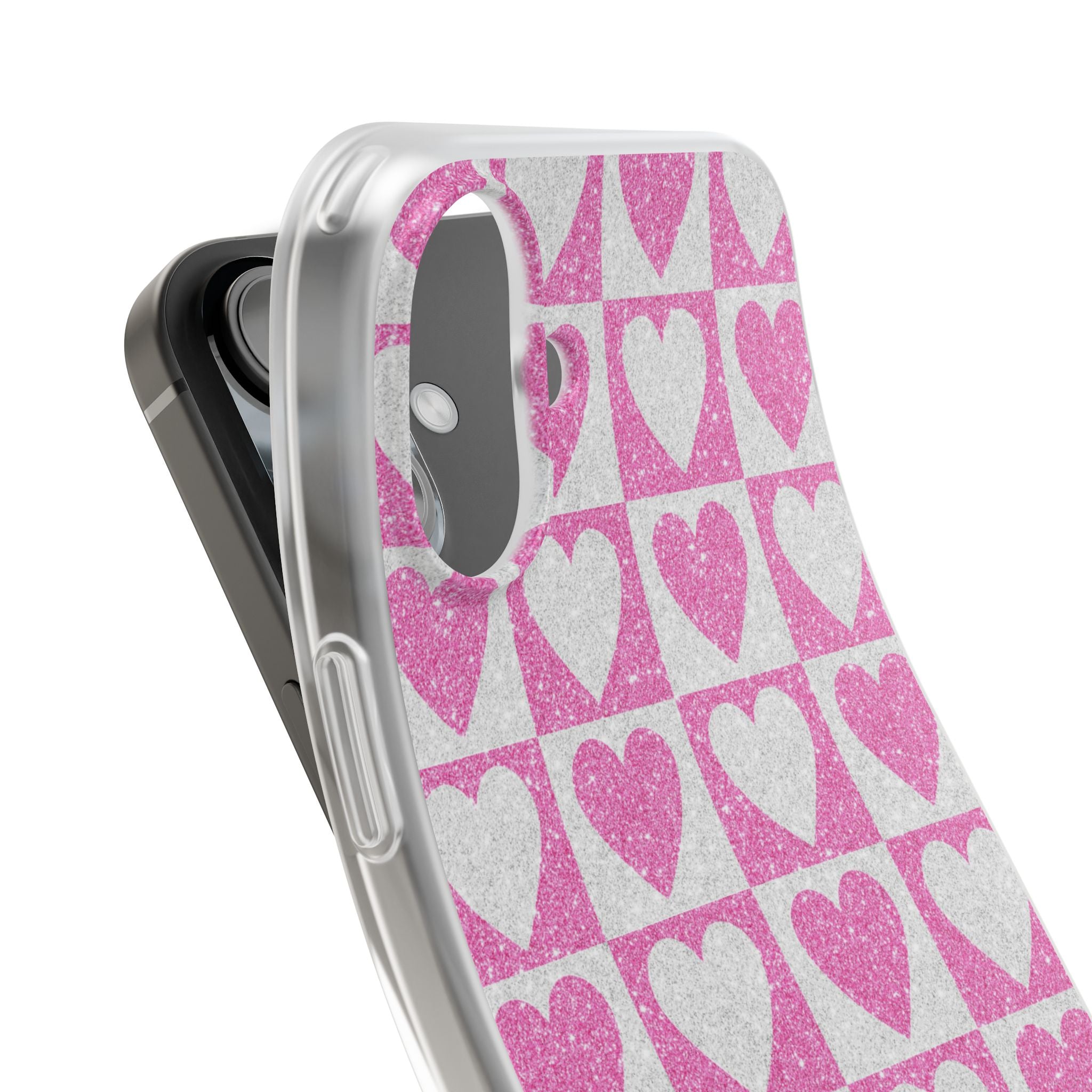 Glitter Heart Grid iPhone 16 Plus Case - Soft