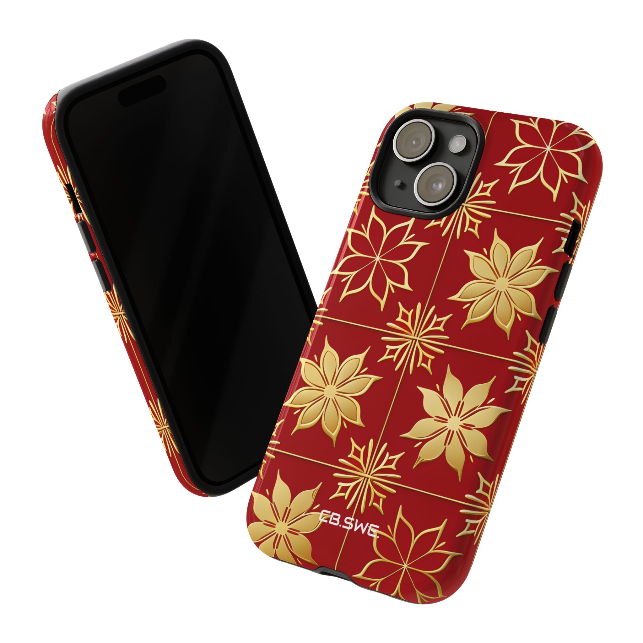 Eleganter Gold Floral Seamless Rich Red iPhone 15 - Tough