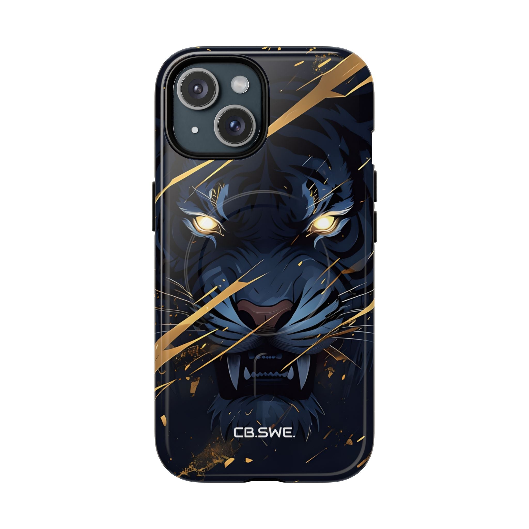 Fierce Blue Tiger Face Glowing Eyes iPhone 15 - Tough+