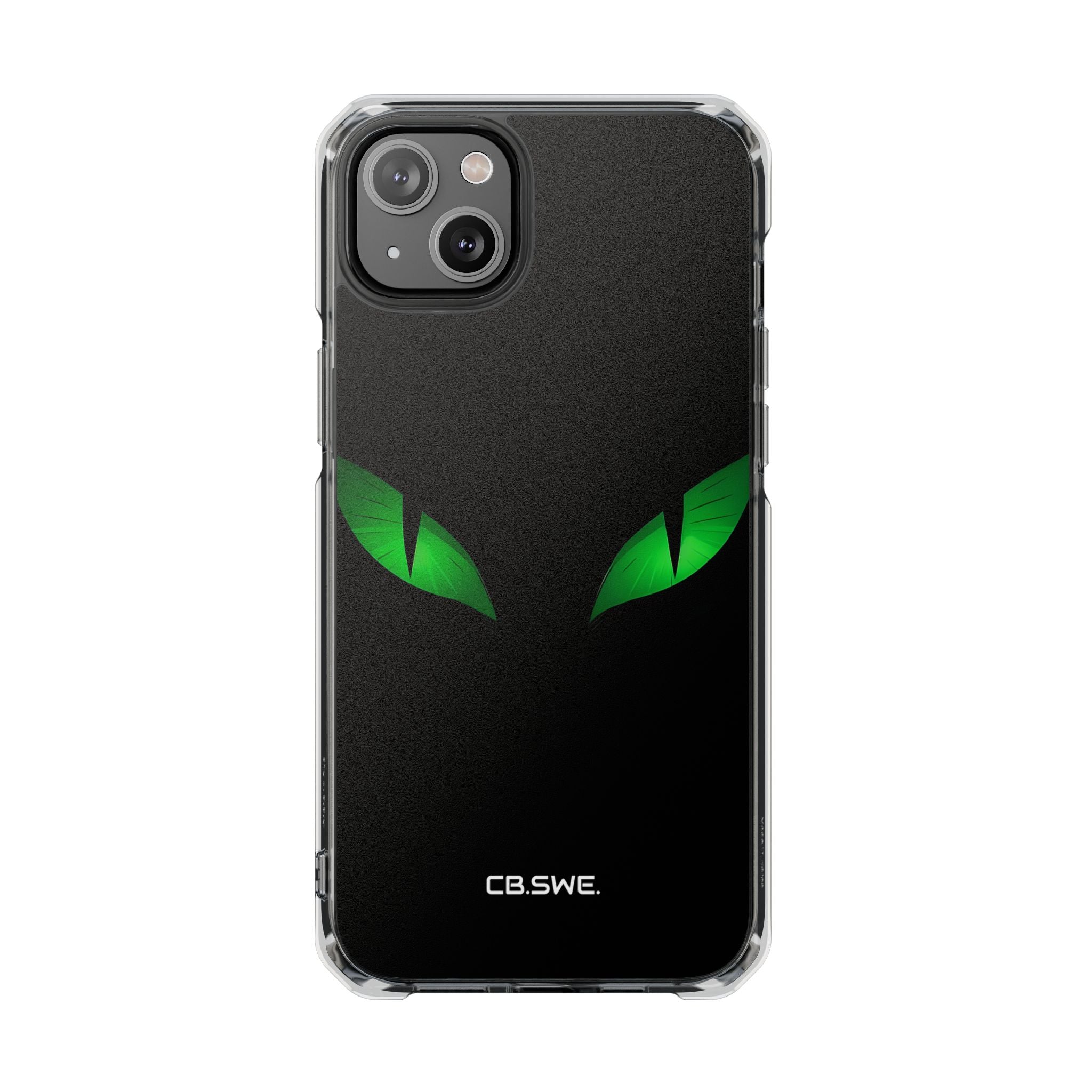 Leuchtend grüne Augen auf schwarzem iPhone 14 – Impact Clear+