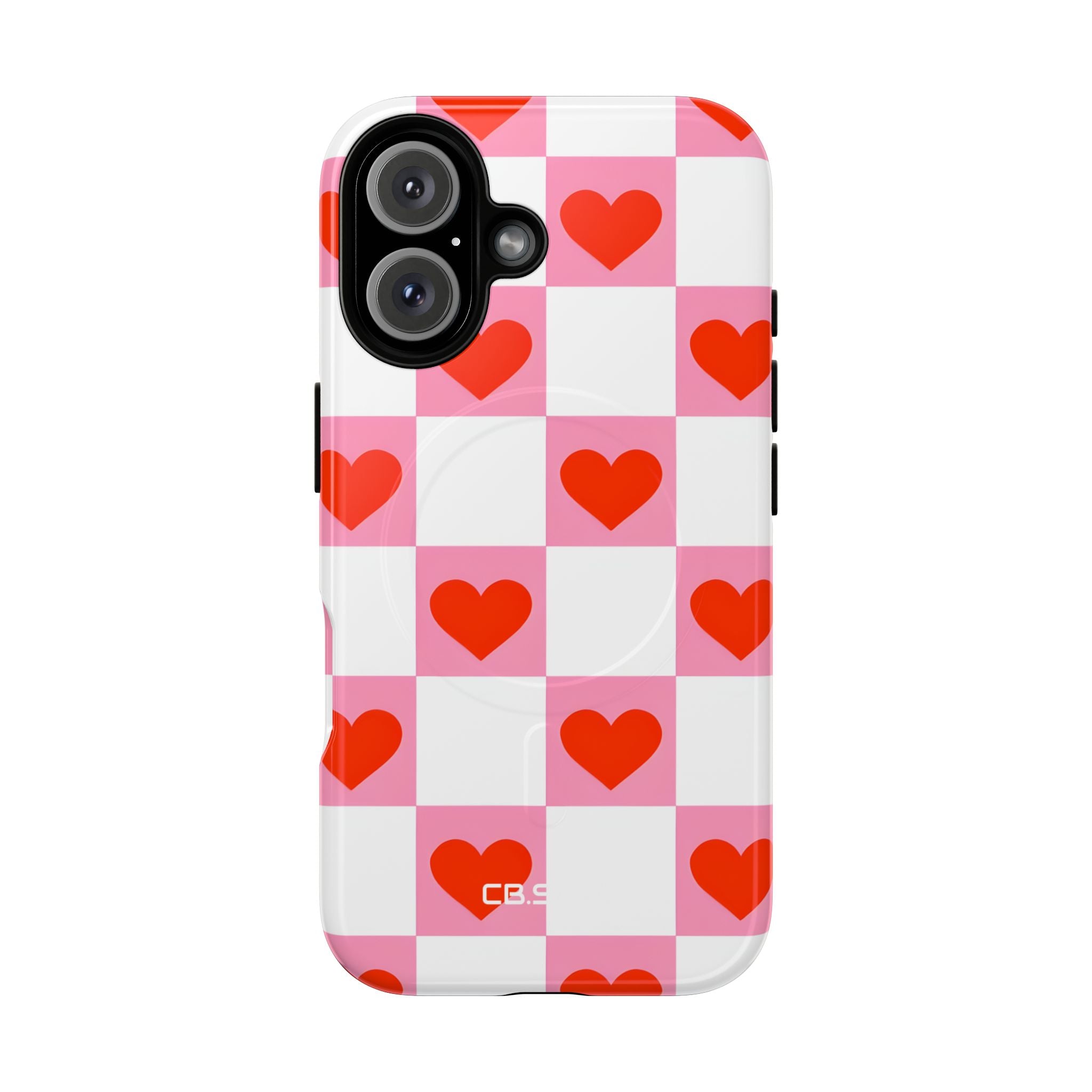 Charming Pink White Checkerboard Heart Shapes iPhone 16 - Tough+