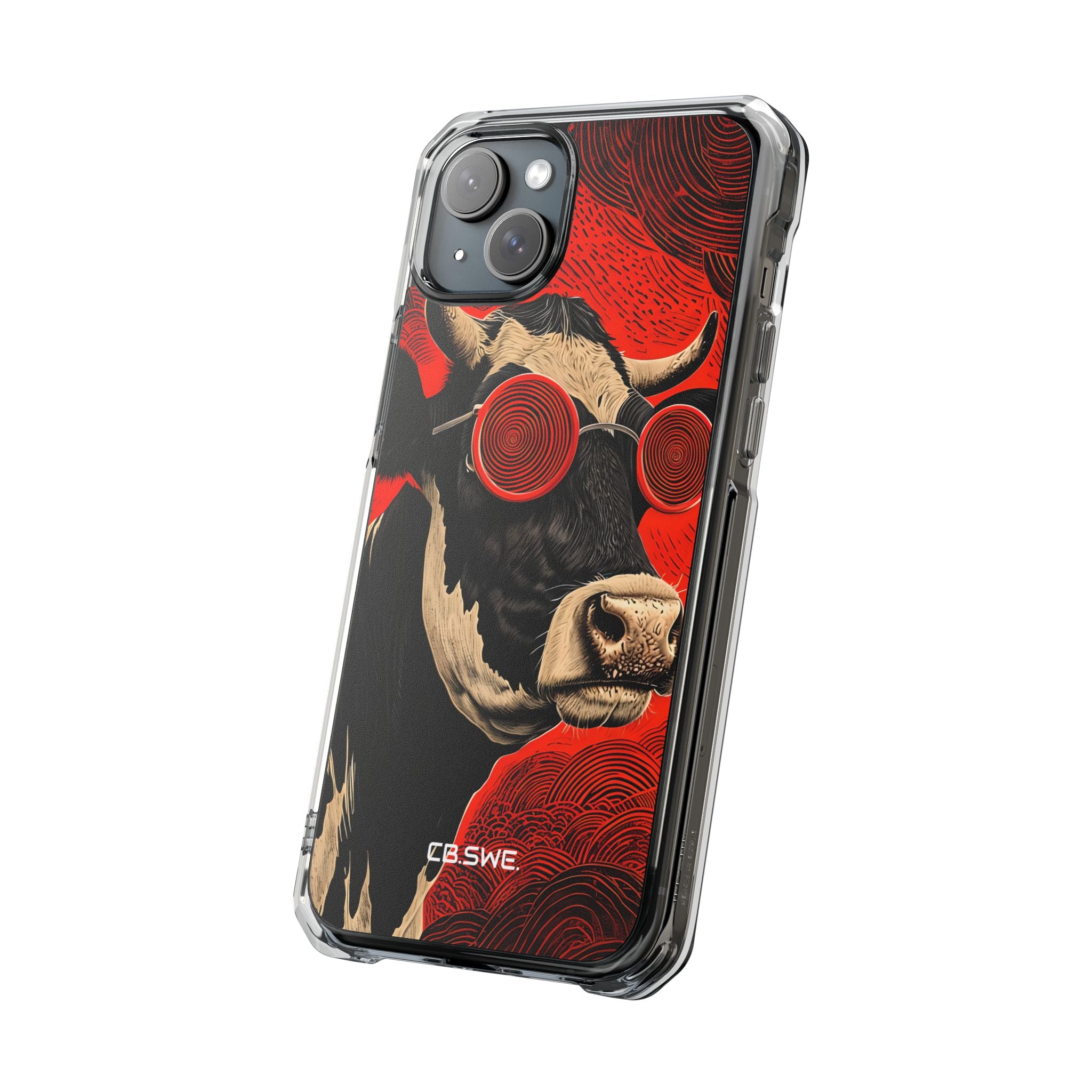 Surreal Black White Cow Red Spiral Sunglasses iPhone 15 - Impact Clear+